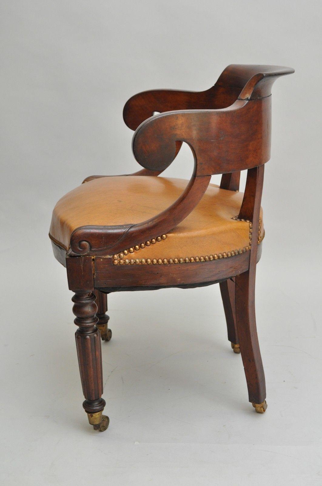 Antique English Empire Regency Mahogany Curved Caramel Leather Library Armchair 6
