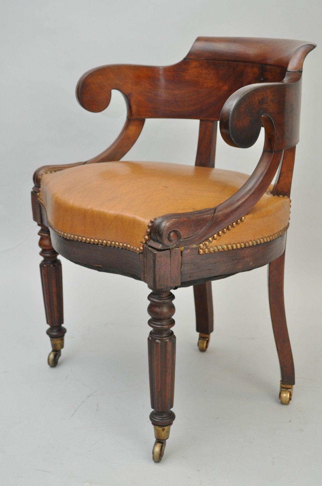 Antique English Empire Regency Mahogany Curved Caramel Leather Library Armchair 7