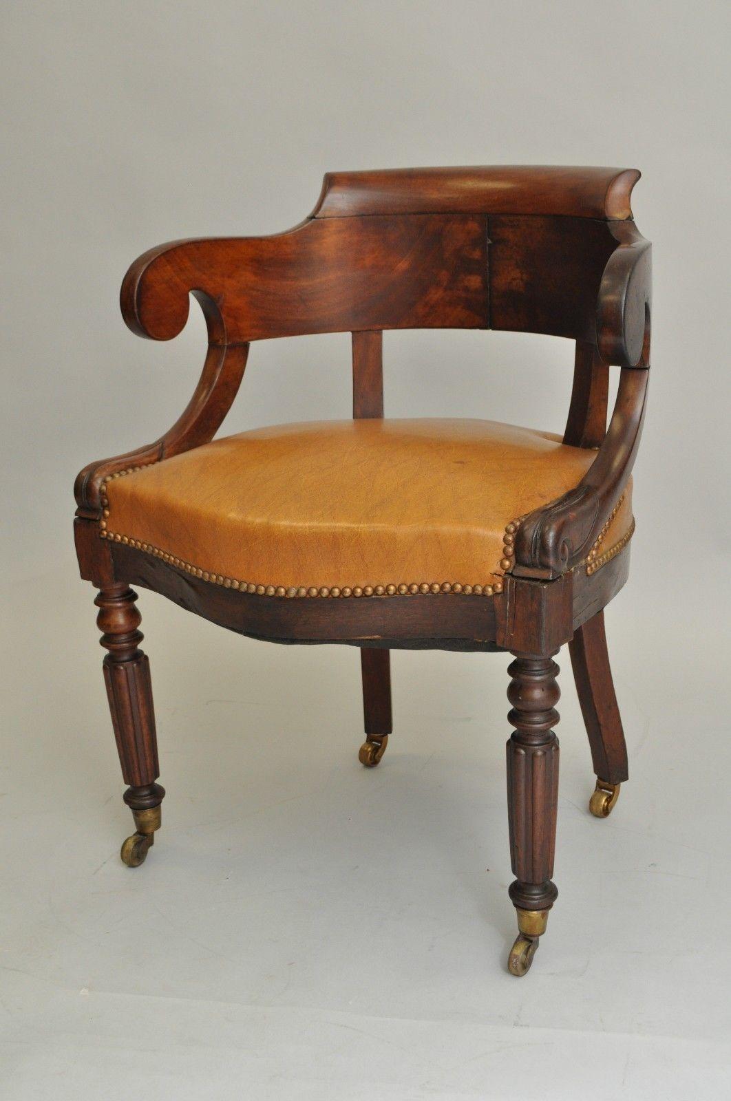 European Antique English Empire Regency Mahogany Curved Caramel Leather Library Armchair