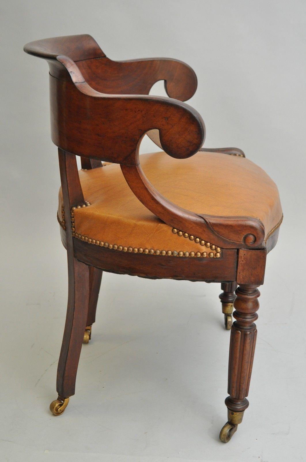 Antique English Empire Regency Mahogany Curved Caramel Leather Library Armchair In Good Condition In Philadelphia, PA