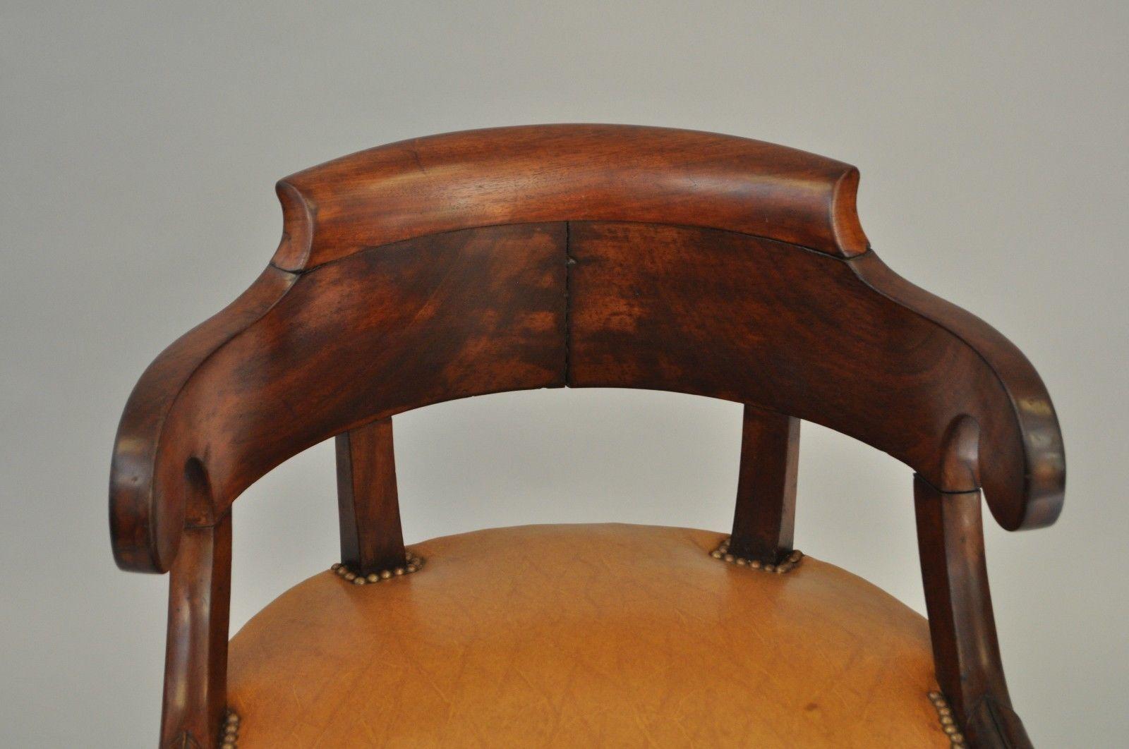 Early 19th Century Antique English Empire Regency Mahogany Curved Caramel Leather Library Armchair