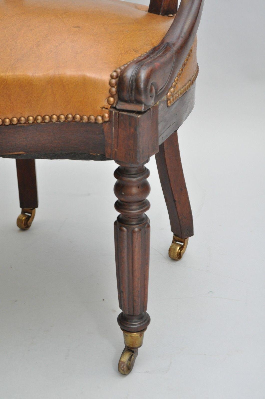 Antique English Empire Regency Mahogany Curved Caramel Leather Library Armchair 1