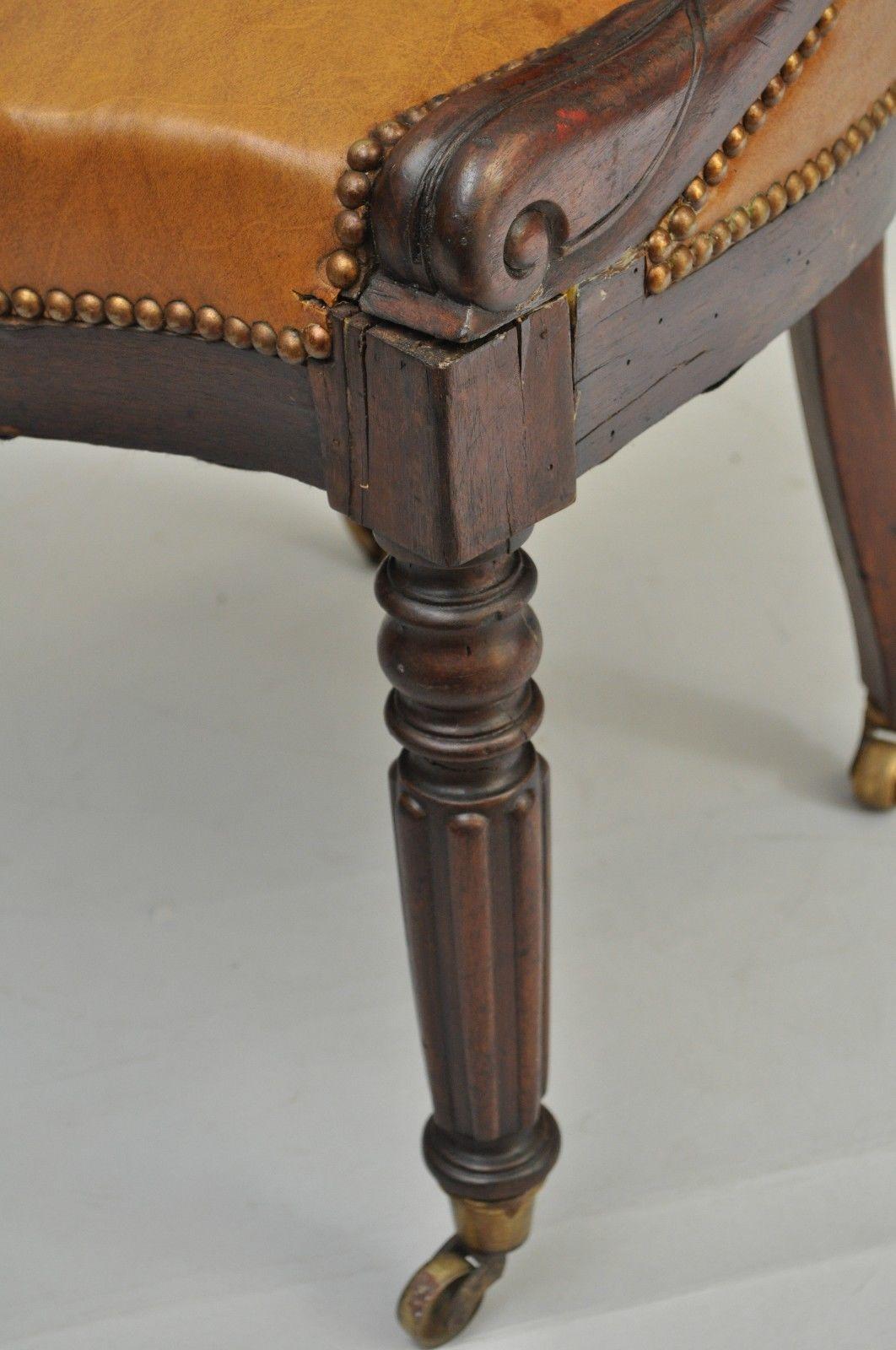 Antique English Empire Regency Mahogany Curved Caramel Leather Library Armchair 2