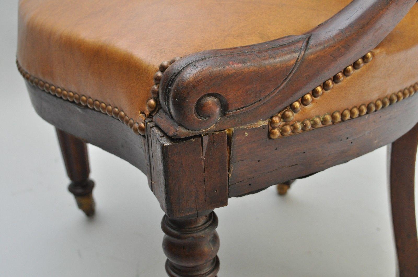 Antique English Empire Regency Mahogany Curved Caramel Leather Library Armchair 3