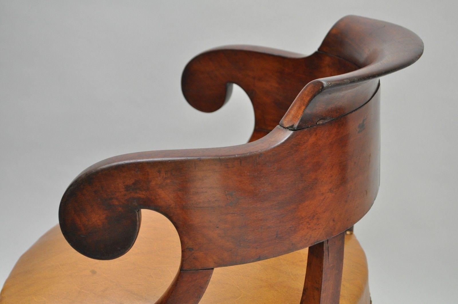 Antique English Empire Regency Mahogany Curved Caramel Leather Library Armchair 4