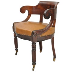 Antique English Empire Regency Mahogany Curved Caramel Leather Library Armchair