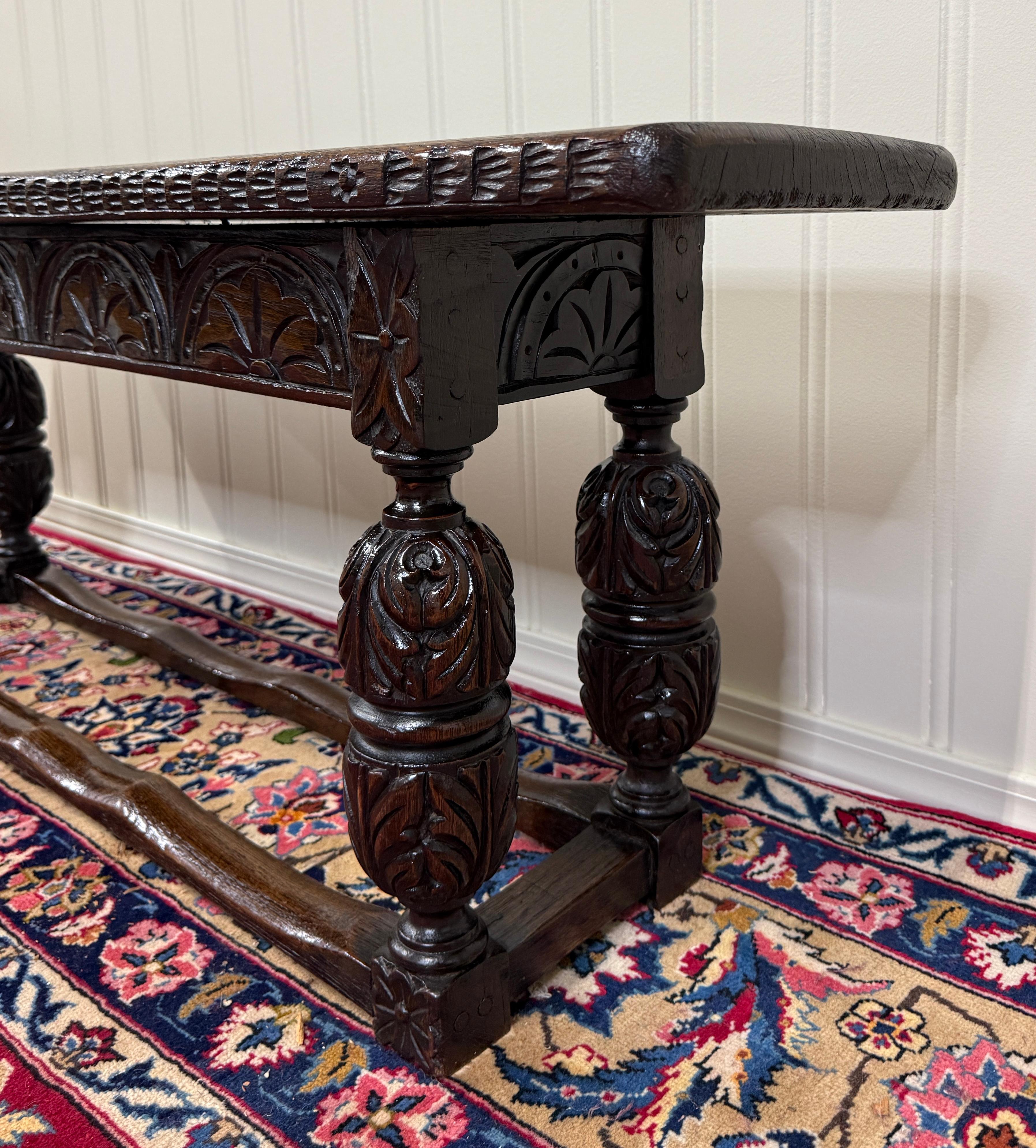 Antique English End-of-Bed Bench Window Seat Settee Carved Oak c. 1900 en vente 2