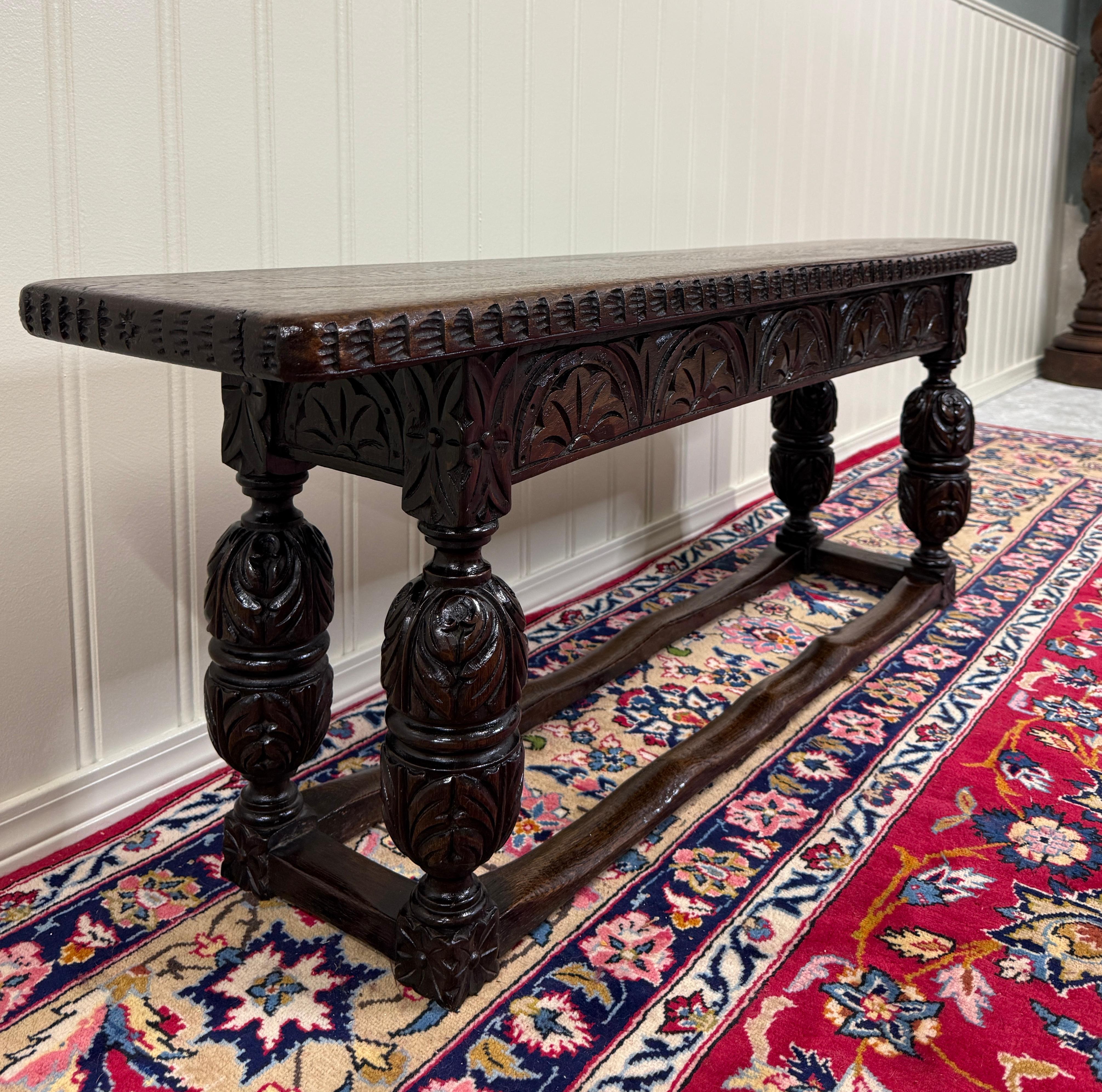 Antique English End-of-Bed Bench Window Seat Settee Carved Oak c. 1900 en vente 7