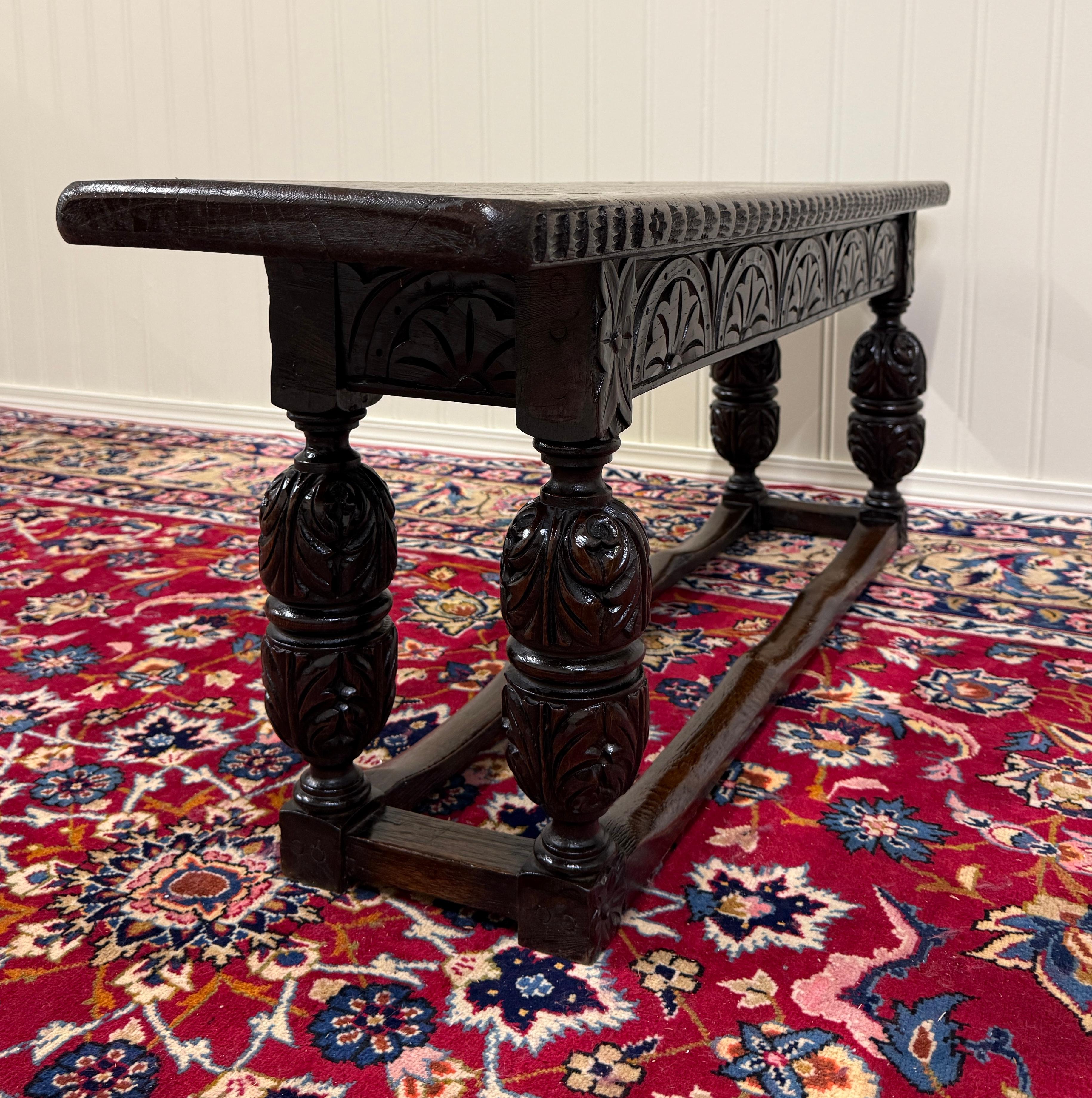 Antique English End-of-Bed Bench Window Seat Settee Carved Oak c. 1900 en vente 9