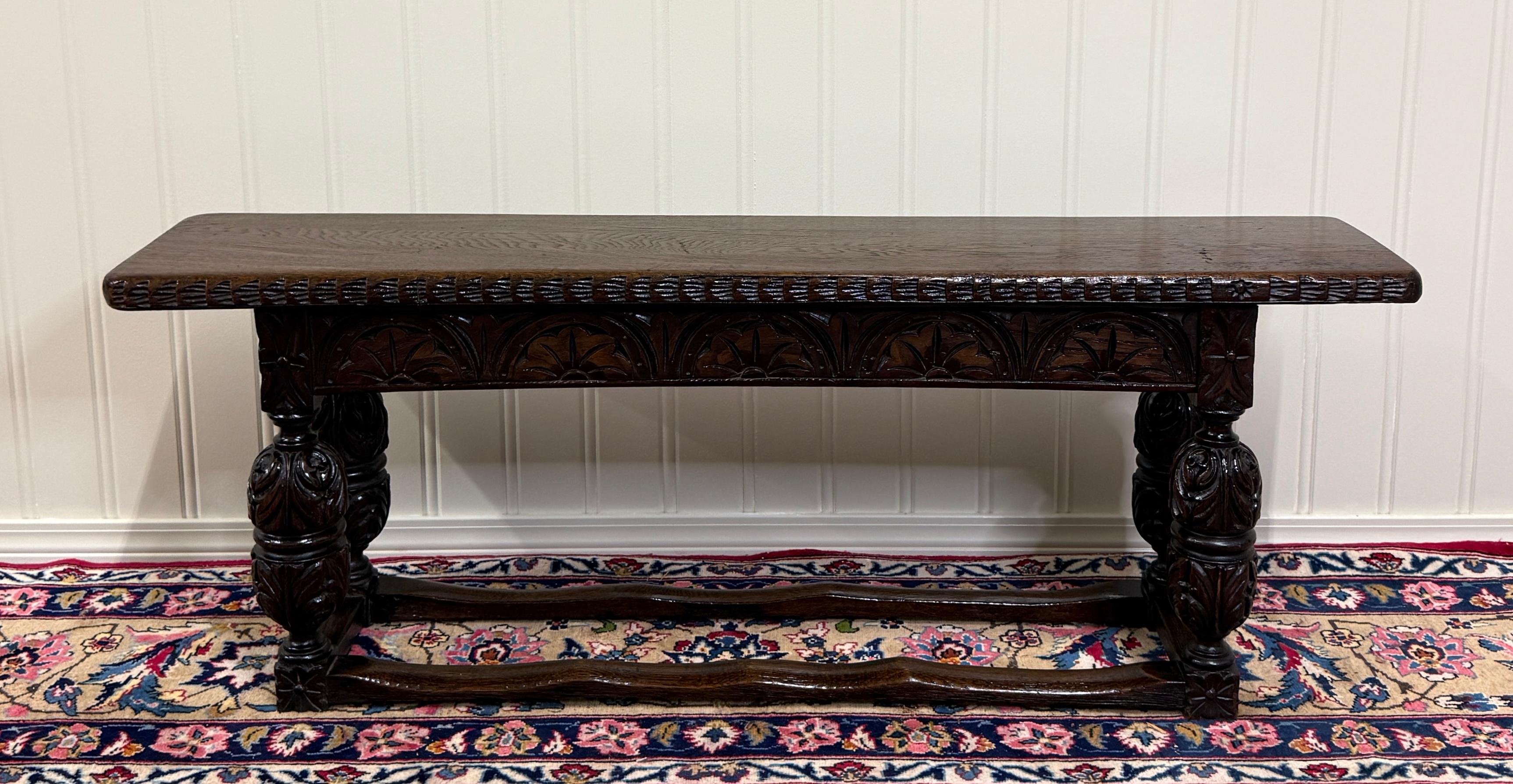 Victorien Antique English End-of-Bed Bench Window Seat Settee Carved Oak c. 1900 en vente