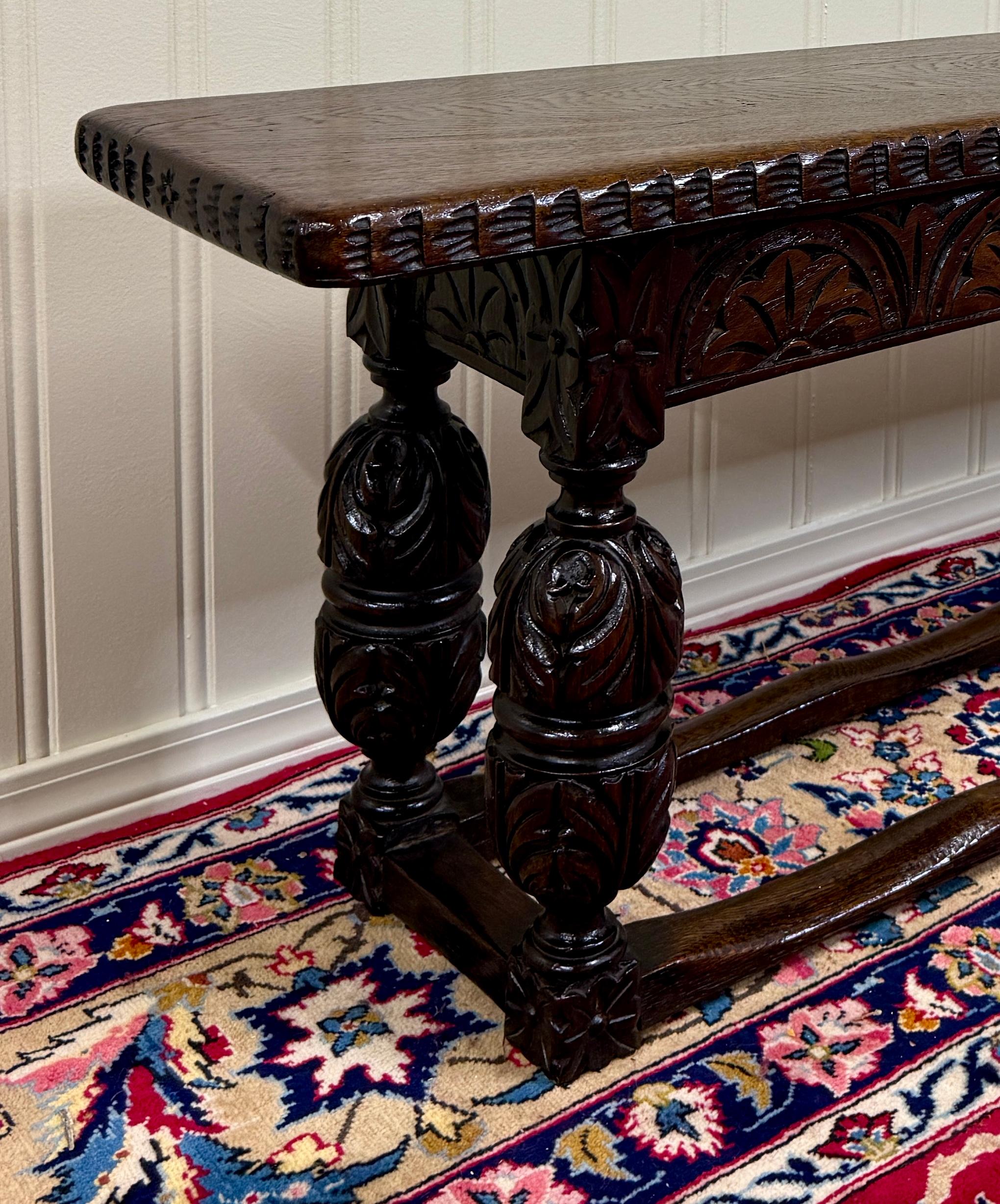 Antique English End-of-Bed Bench Window Seat Settee Carved Oak c. 1900 Bon état - En vente à Tyler, TX