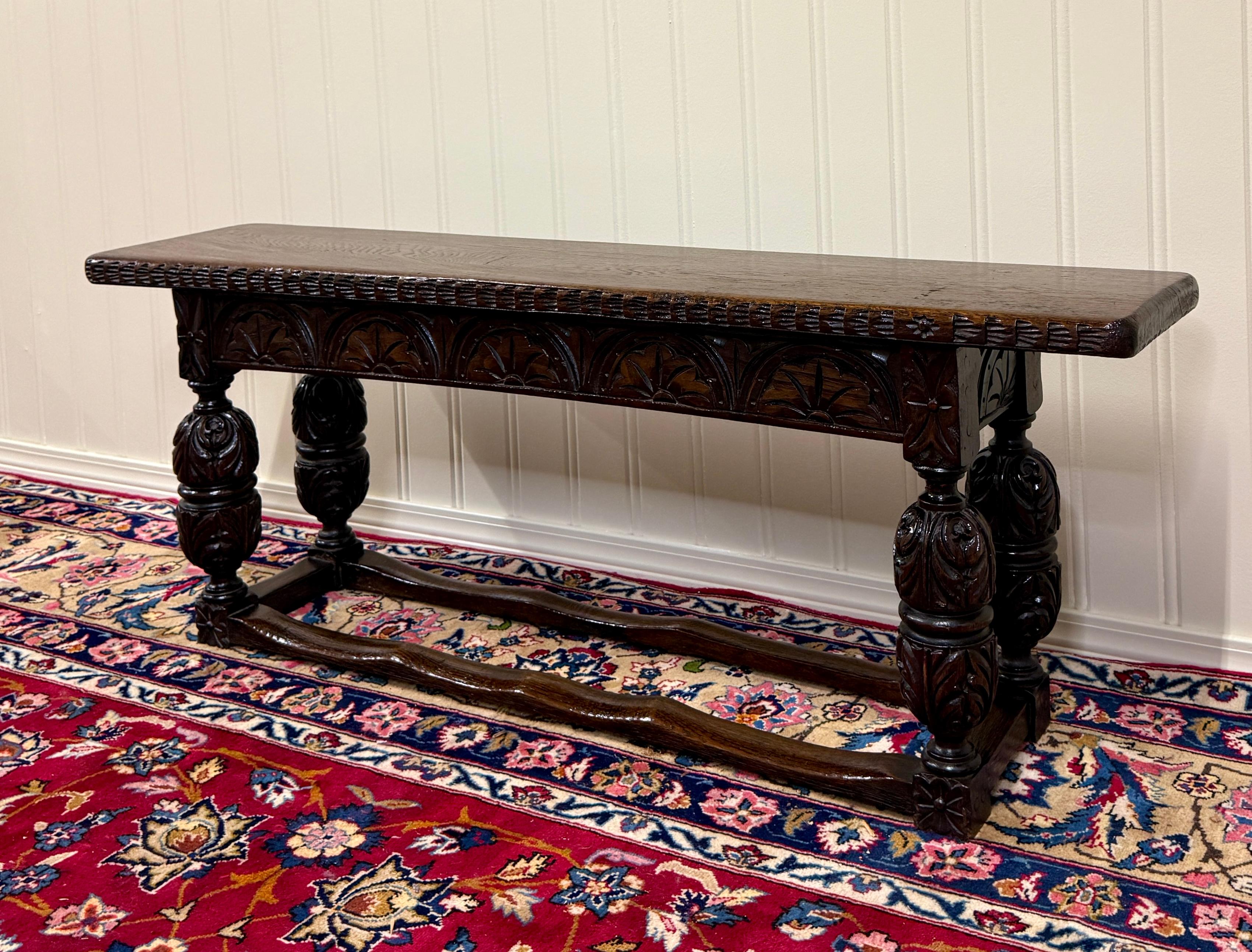 Antique English End-of-Bed Bench Window Seat Settee Carved Oak c. 1900 en vente 1