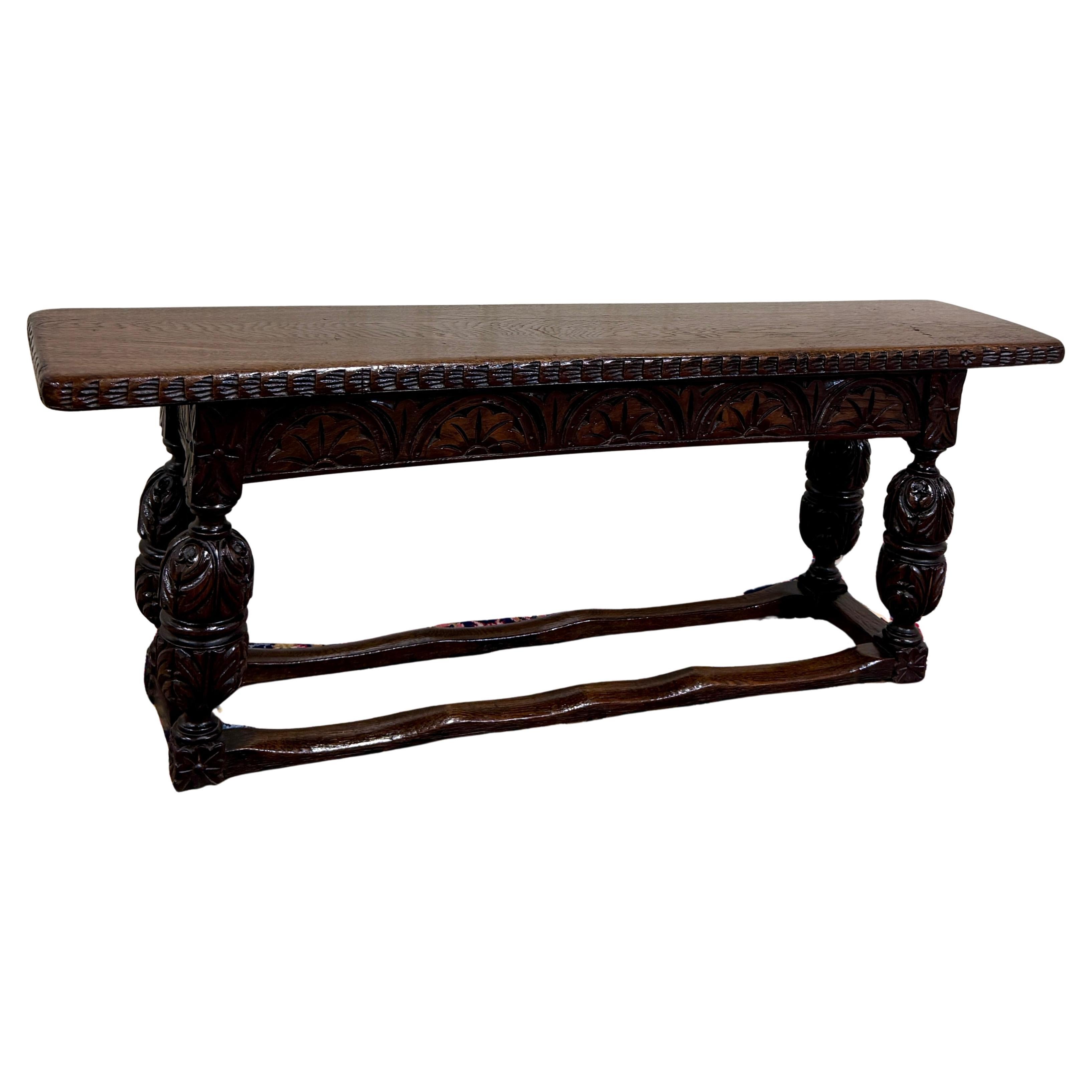 Antique English End-of-Bed Bench Window Seat Settee Carved Oak c. 1900 en vente