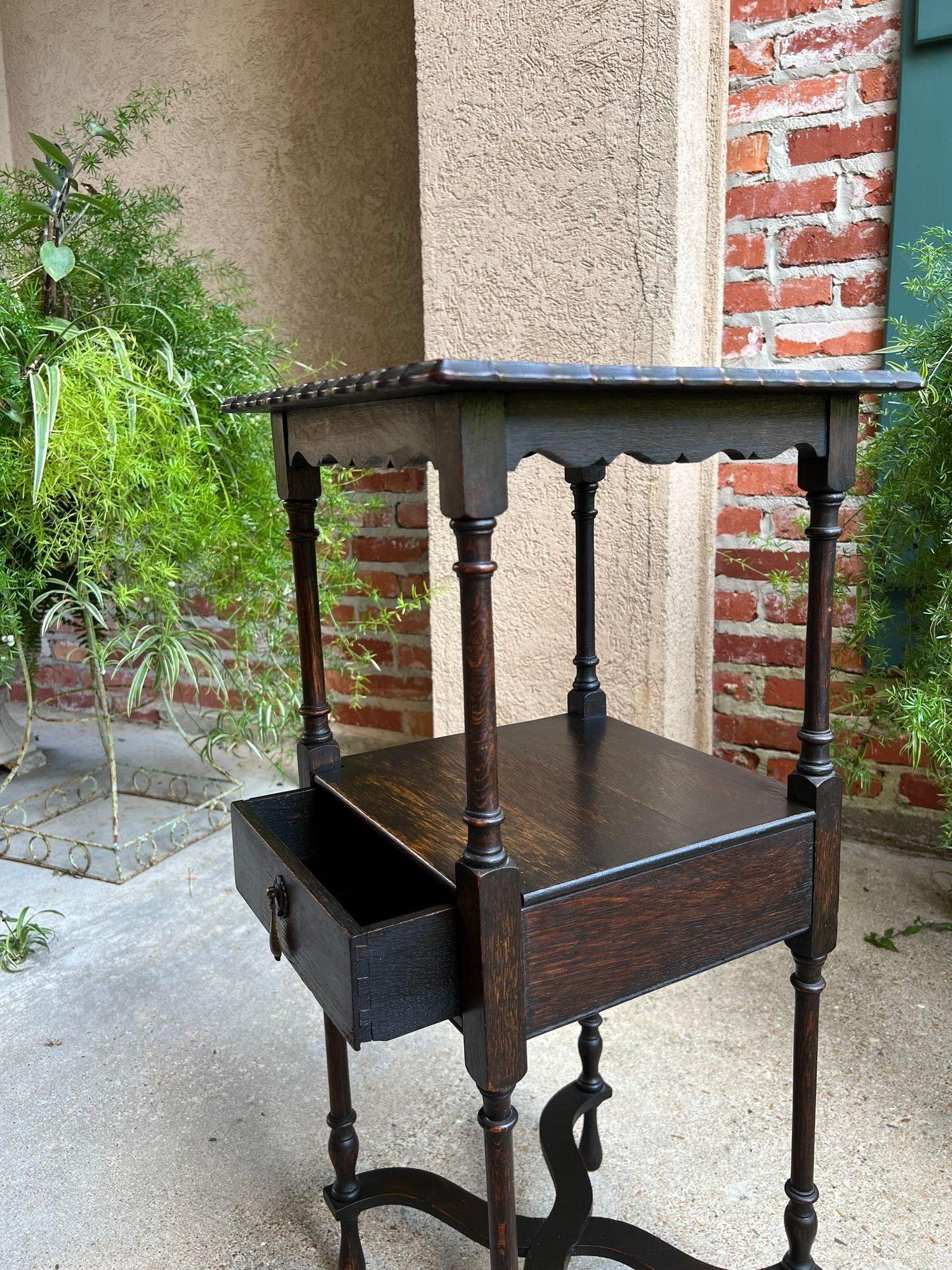 Antique English End Table SQUARE PETITE Jacobean Oak Two Tier c1900 For Sale 6