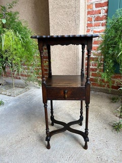 Antique English End Table SQUARE PETITE Jacobean Oak Two Tier c1900