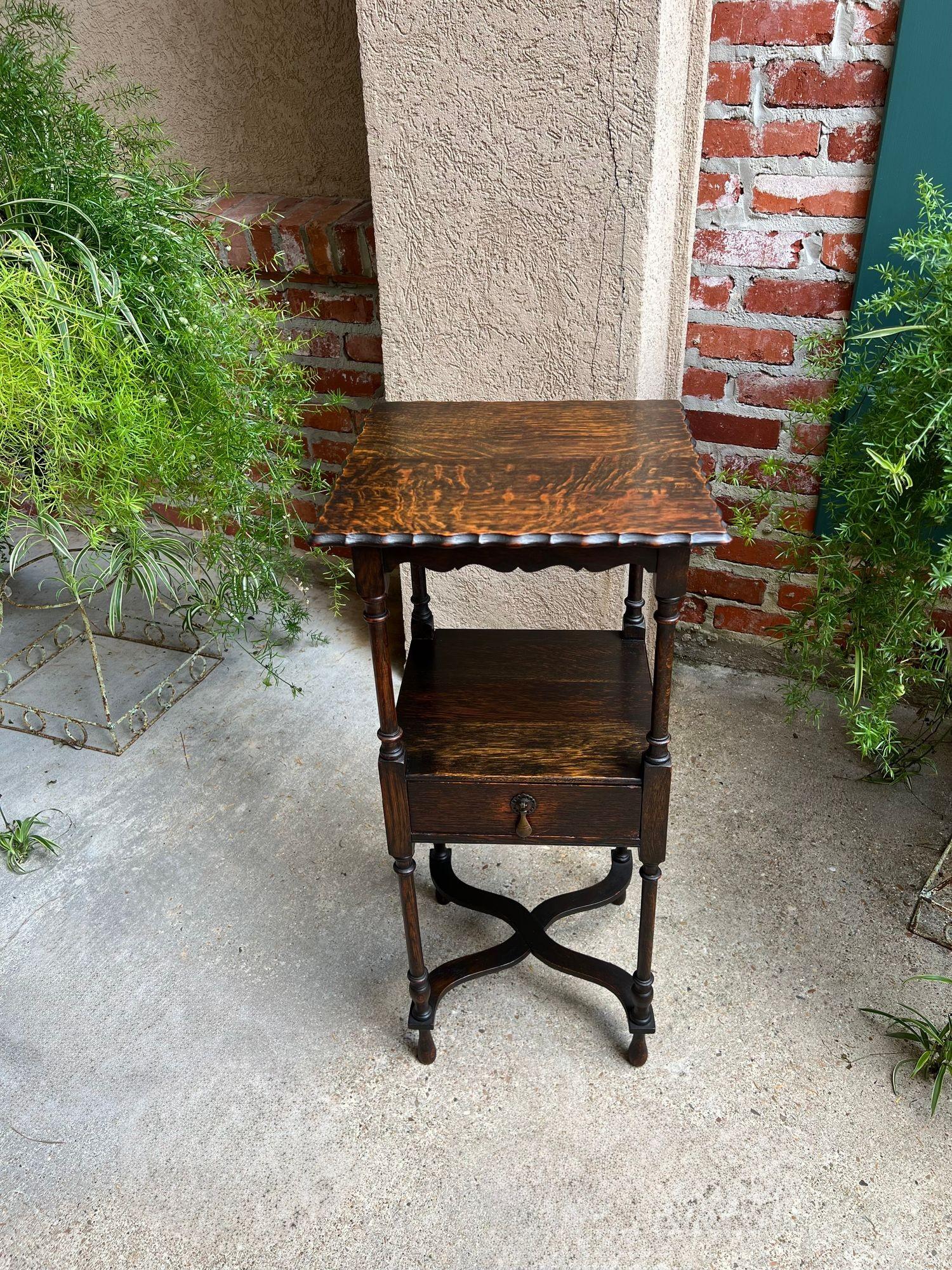 Turned Antique English End Table SQUARE PETITE Jacobean Oak Two Tier c1900 For Sale