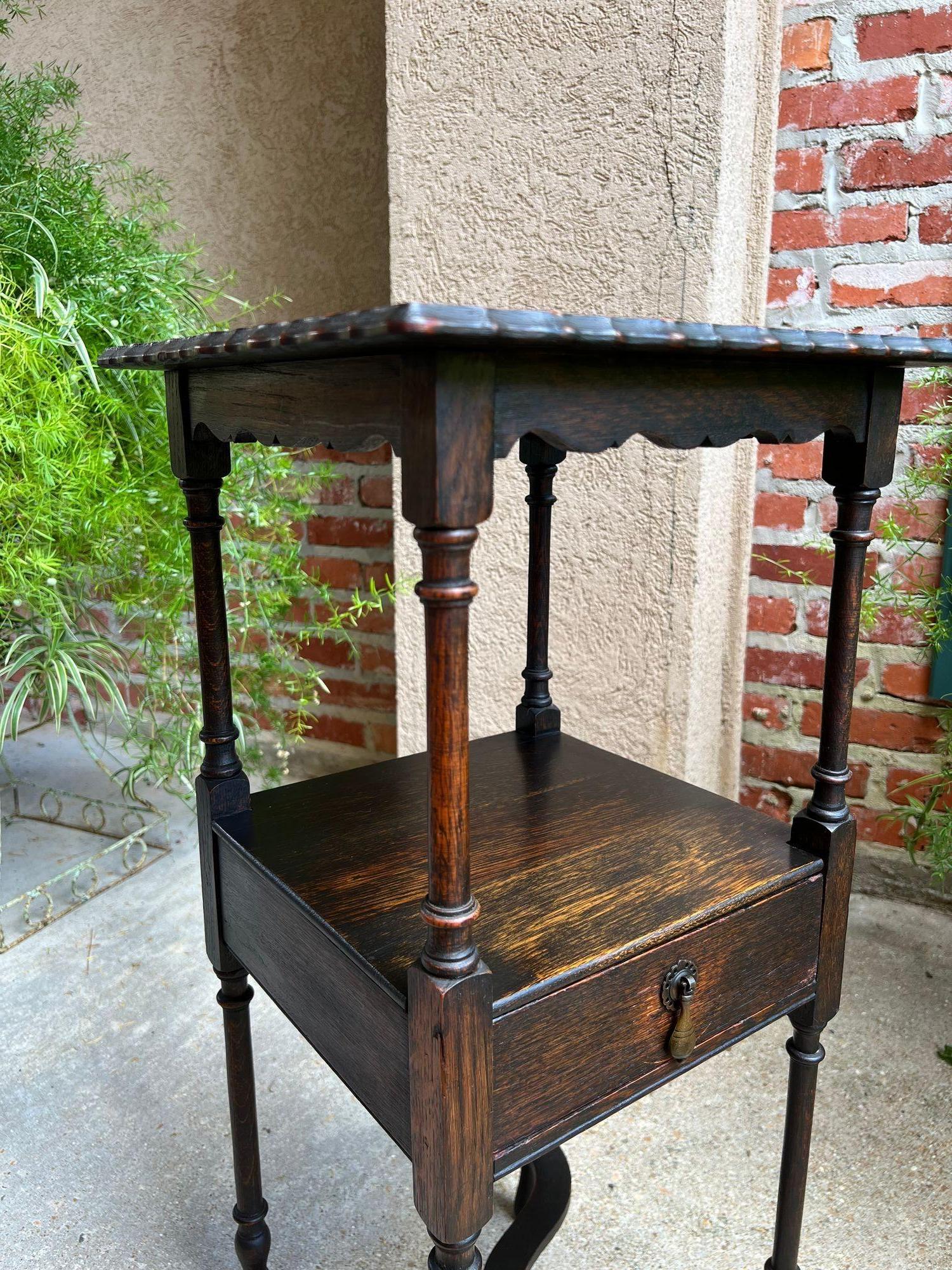 Antique English End Table SQUARE PETITE Jacobean Oak Two Tier c1900 For Sale 1