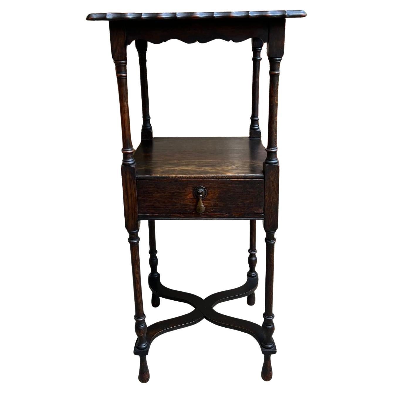 Antique English End Table SQUARE PETITE Jacobean Oak Two Tier c1900 For Sale