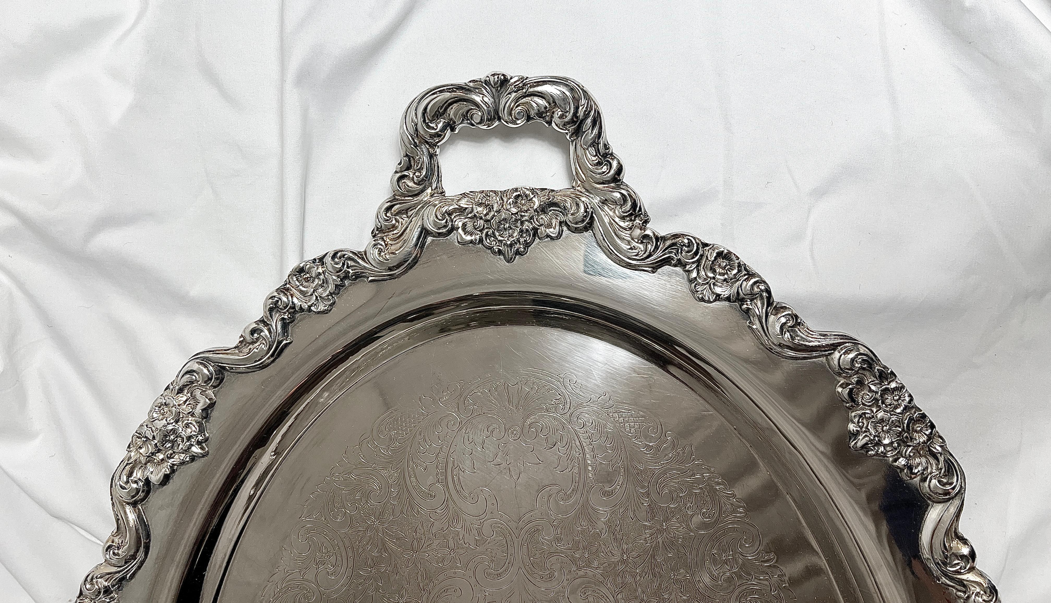 Antique English Sheffield Tray with Intricate Engraving and Rolled Edges, Circa 1890.
We have a similar tray to this one which is footed.  See Reference LU2854336786062 or SIL843