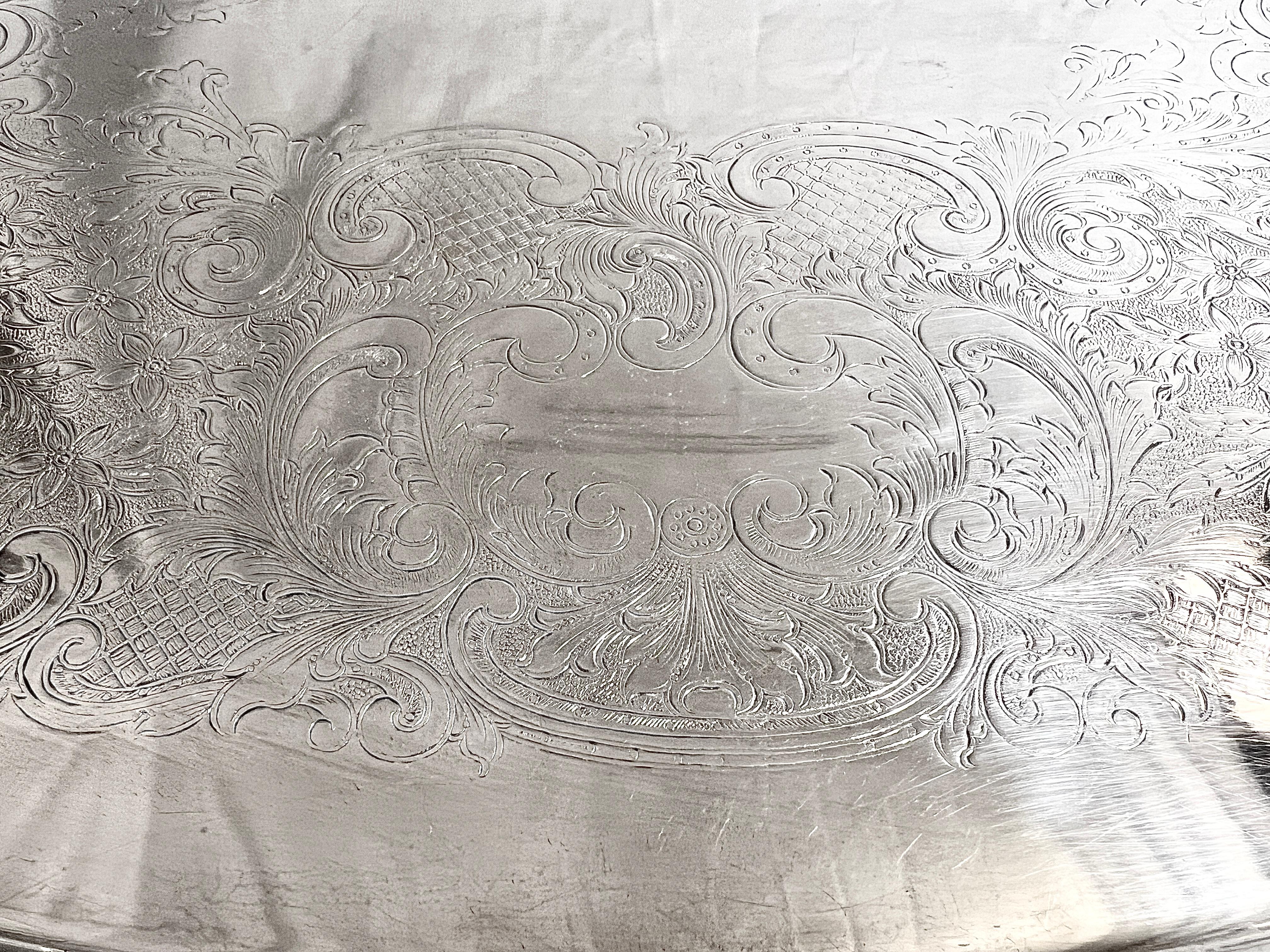 Antique English Engraved Sheffield Tray with Rolled Edges, Circa 1890. In Good Condition For Sale In New Orleans, LA