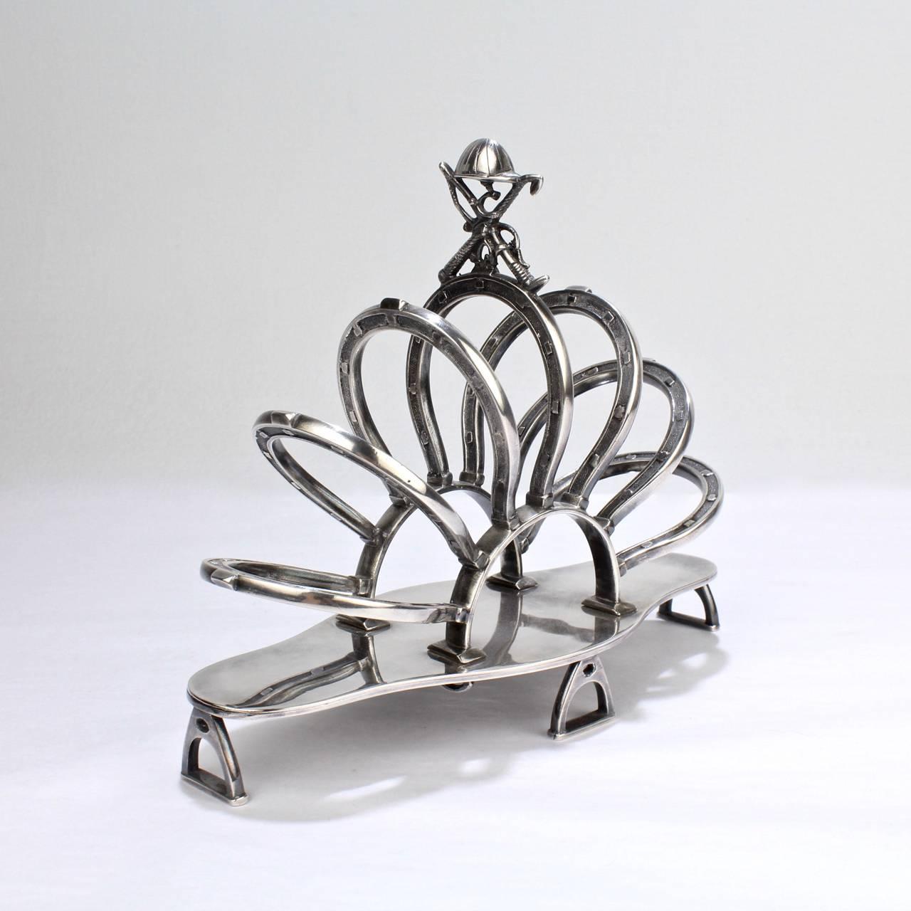 Late Victorian Antique English Equestrian Silver Plated Toast or Letter Rack with Horseshoes