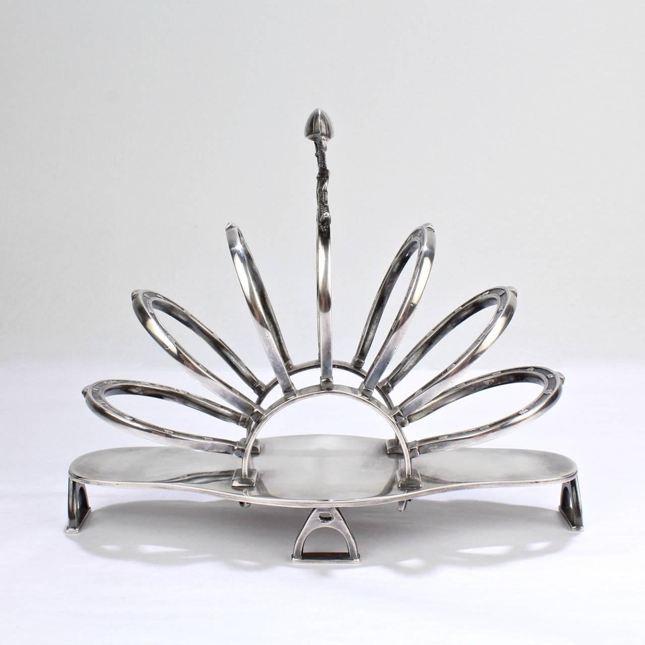 Antique English Equestrian Silver Plated Toast or Letter Rack with Horseshoes In Good Condition In Philadelphia, PA