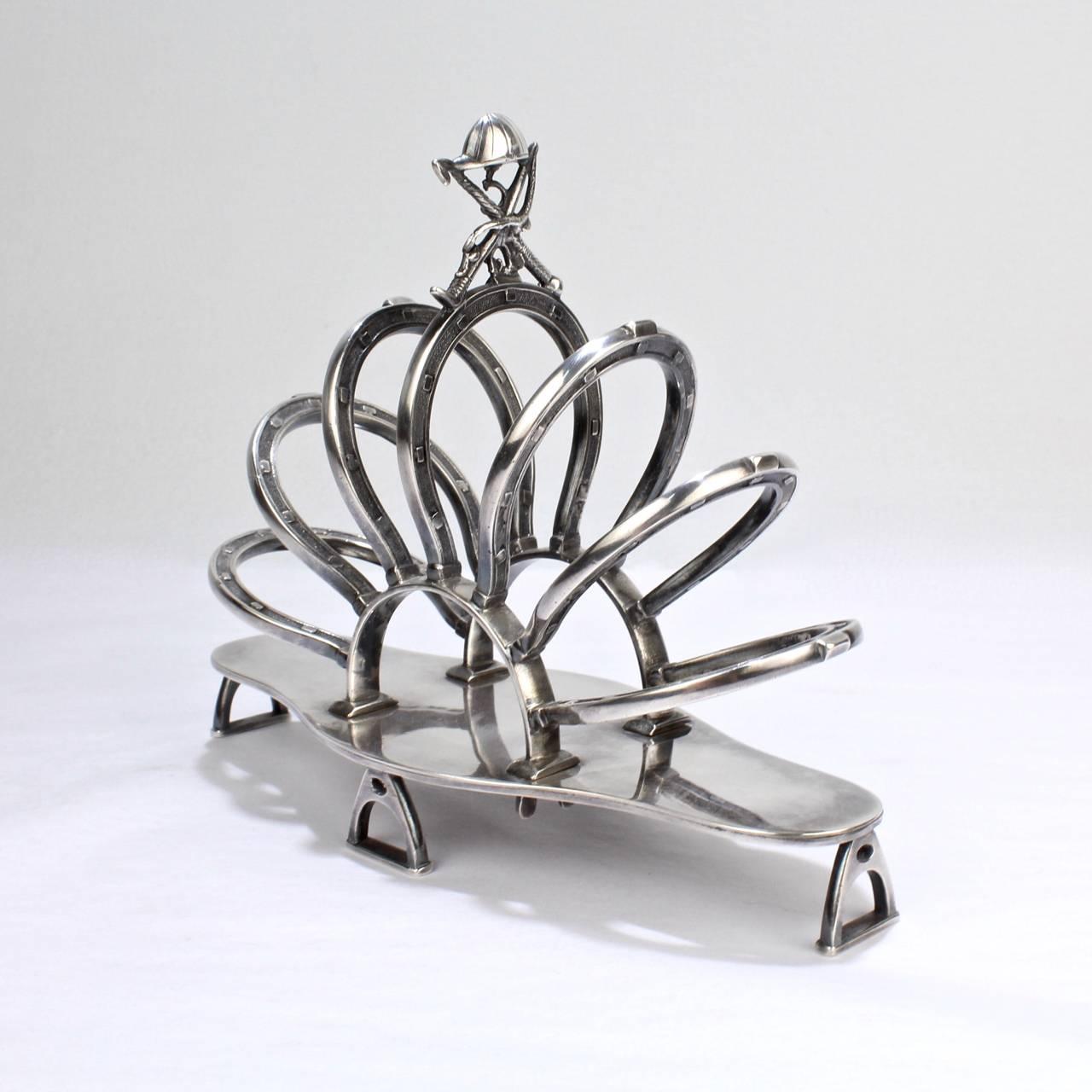 Women's or Men's Antique English Equestrian Silver Plated Toast or Letter Rack with Horseshoes