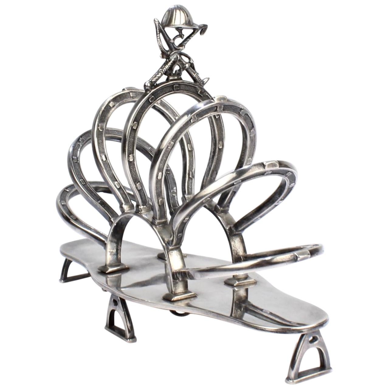 Antique English Equestrian Silver Plated Toast or Letter Rack with Horseshoes