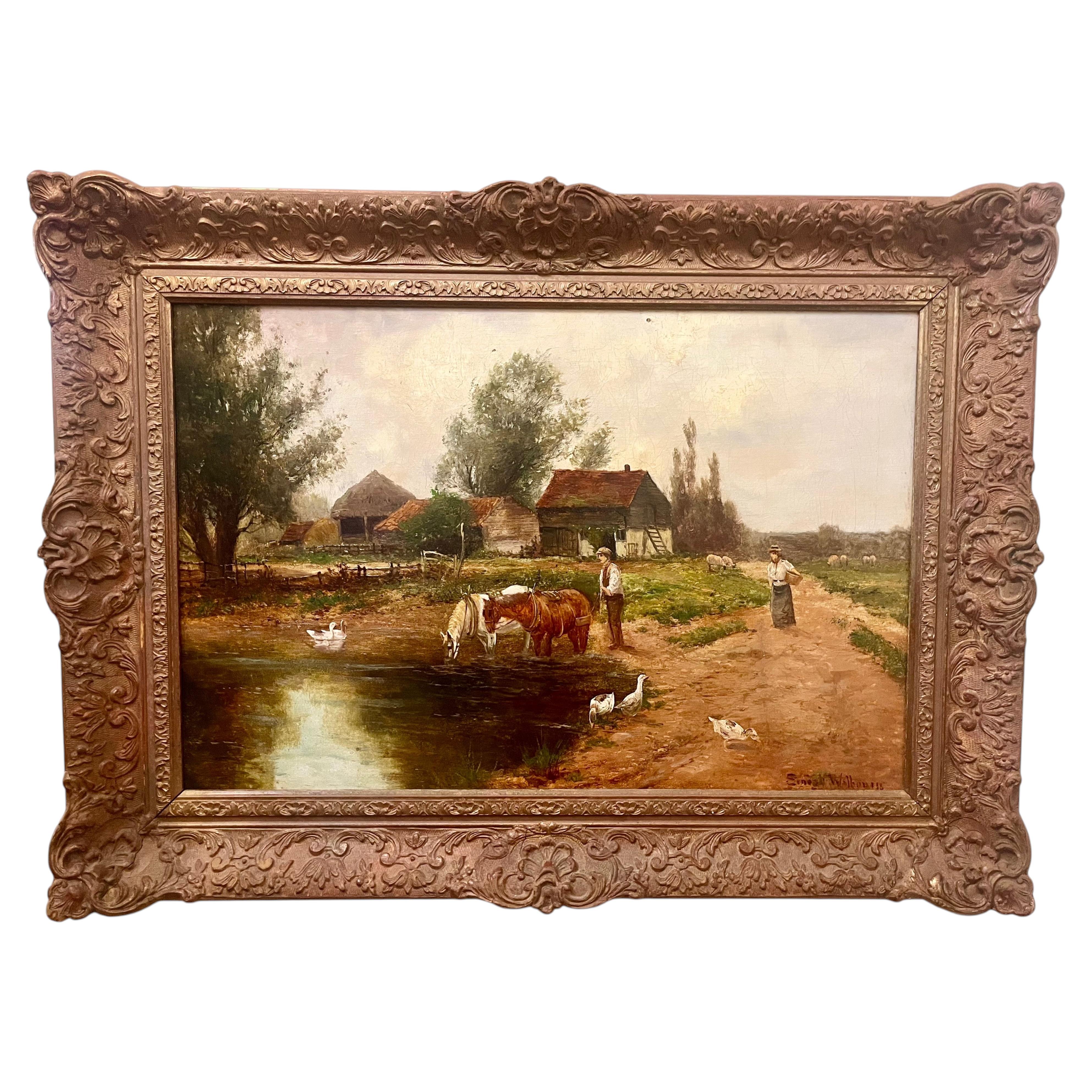 Antique English Ernest Walbourn Oil Painting Pastoral Farm Scene Horses 19th C