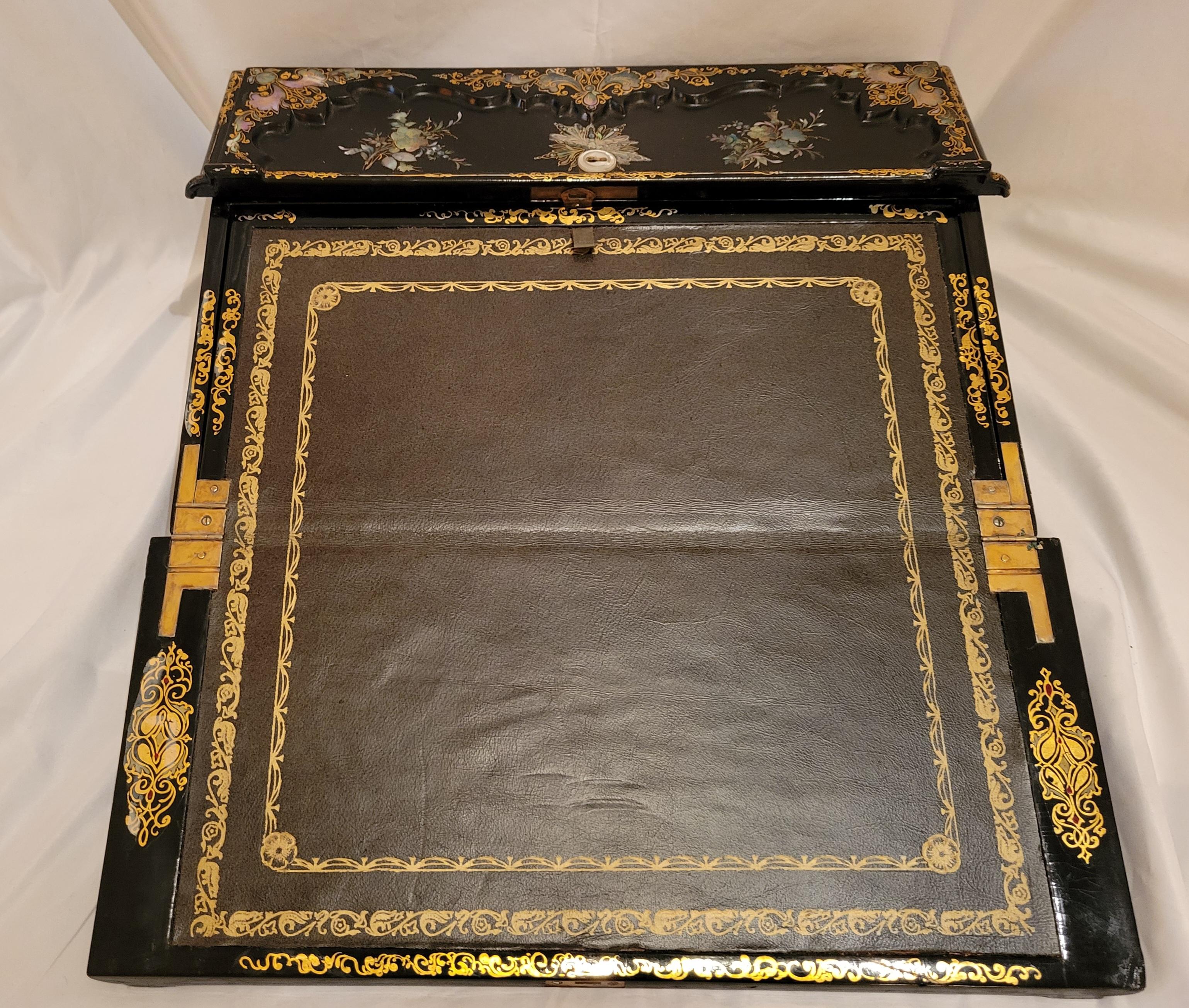 Lacquered Antique English Exceptional Lacquer Mother-of-Pearl Travel Desk, circa 1860-1870 For Sale