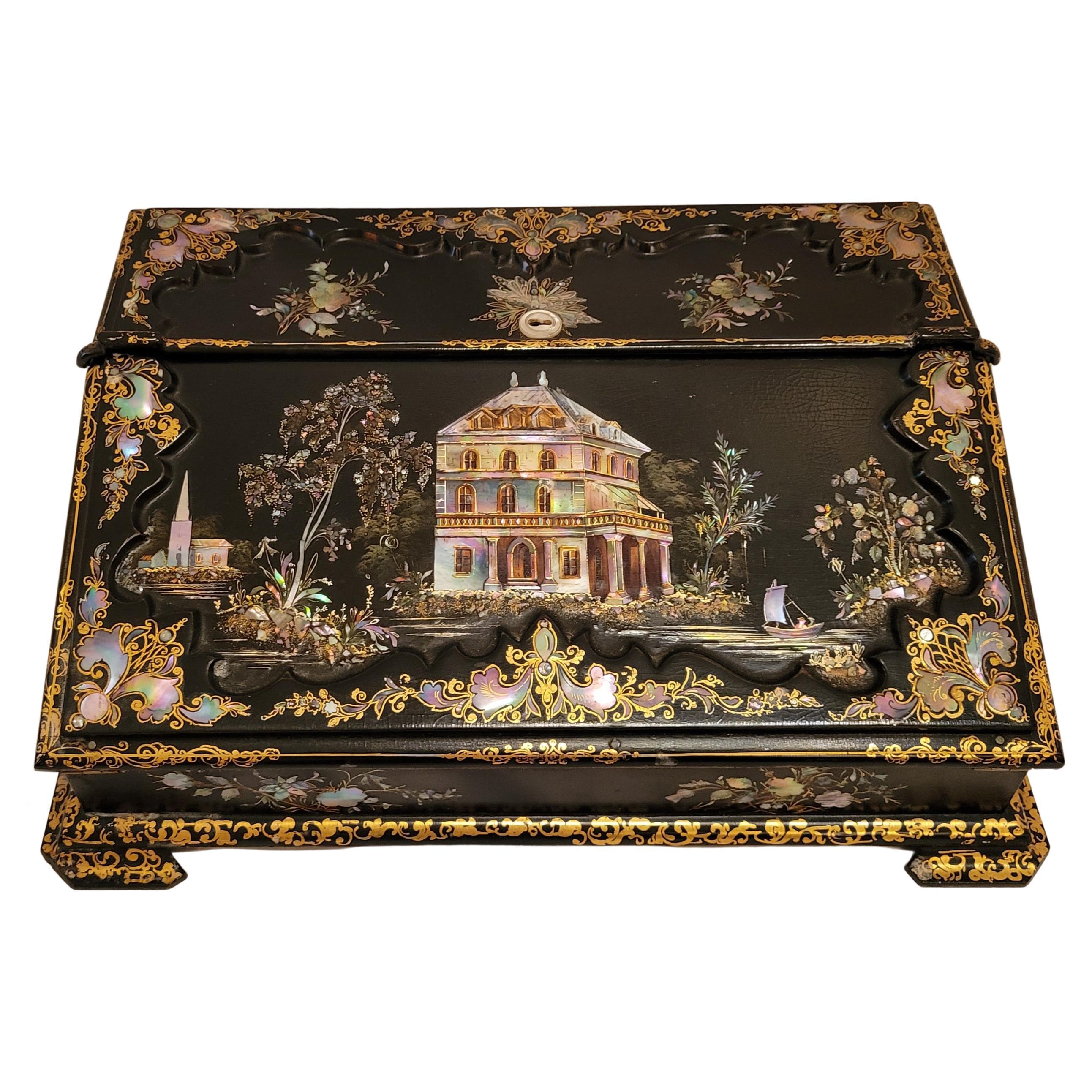 Antique English Exceptional Lacquer Mother-of-Pearl Travel Desk, circa 1860-1870 For Sale