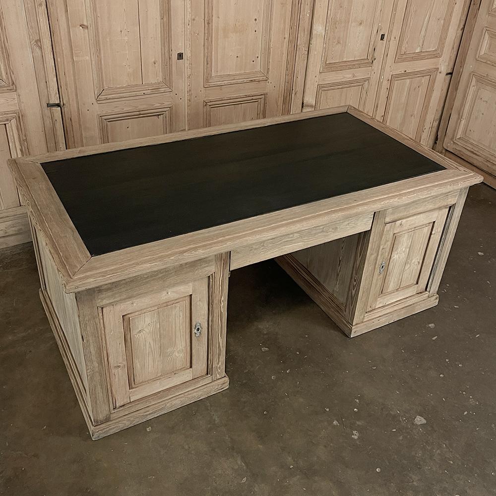 Antique English Executive Desk with Faux Leather in Stripped Pine 7