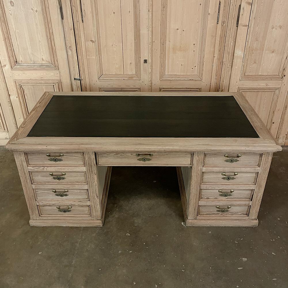 Hand-Crafted Antique English Executive Desk with Faux Leather in Stripped Pine