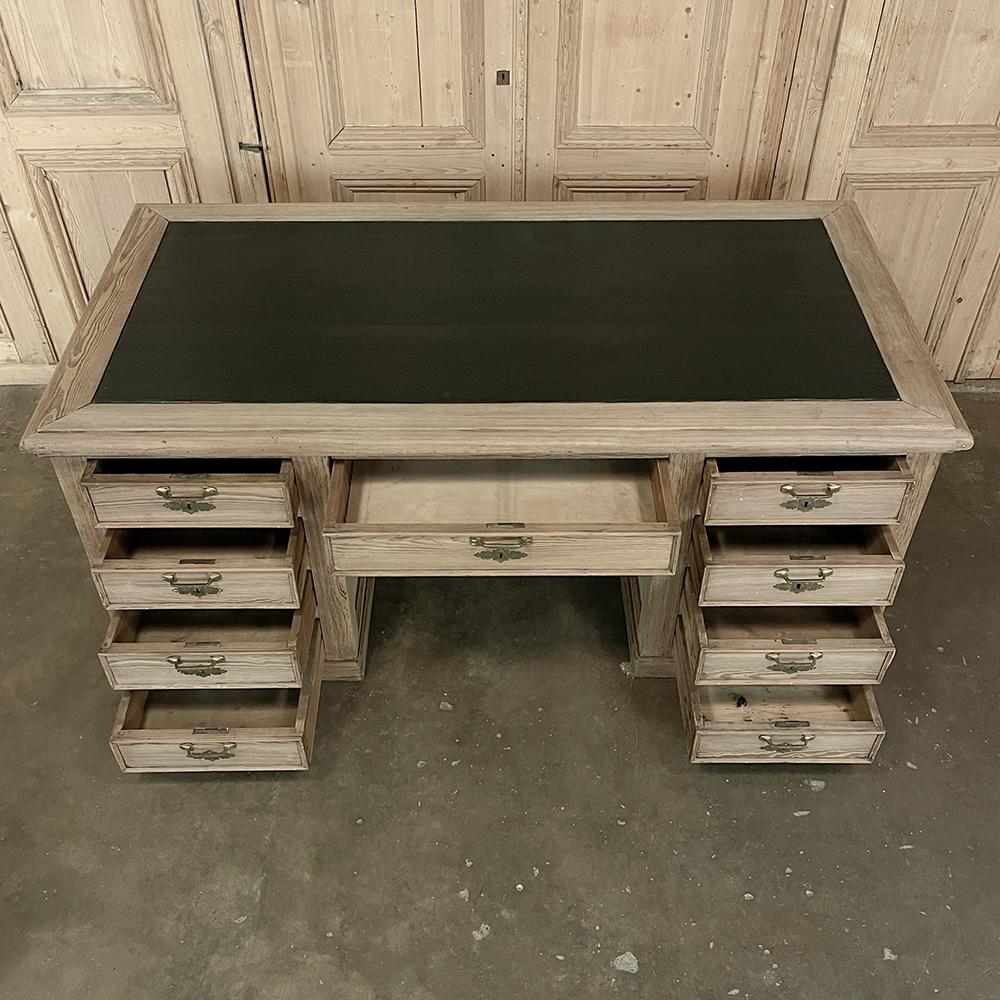 Antique English Executive Desk with Faux Leather in Stripped Pine In Good Condition In Dallas, TX