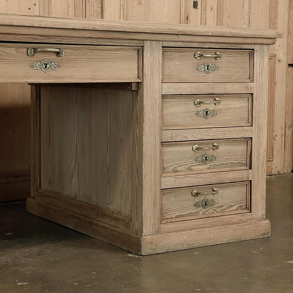 Antique English Executive Desk with Faux Leather in Stripped Pine 1