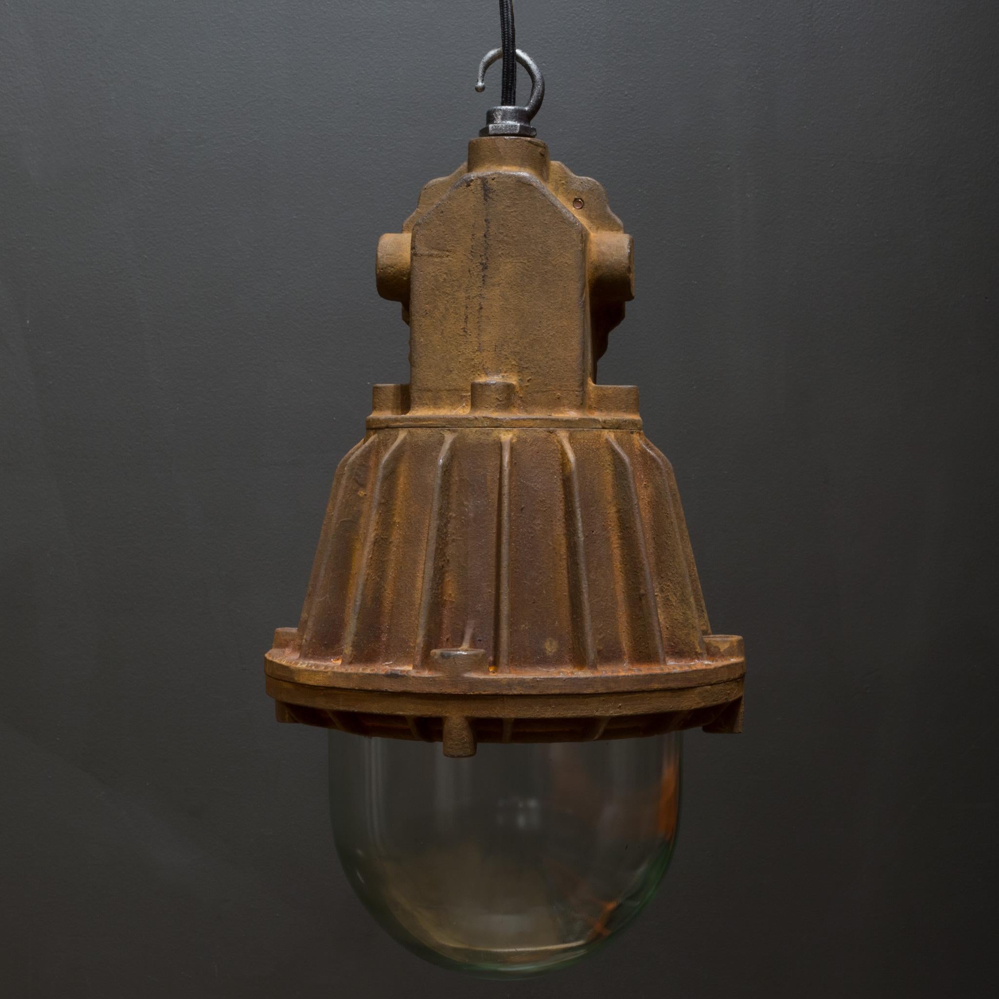 Glass Antique English Factory Industrial Pendant, c.1940  (FREE SHIPPING) For Sale