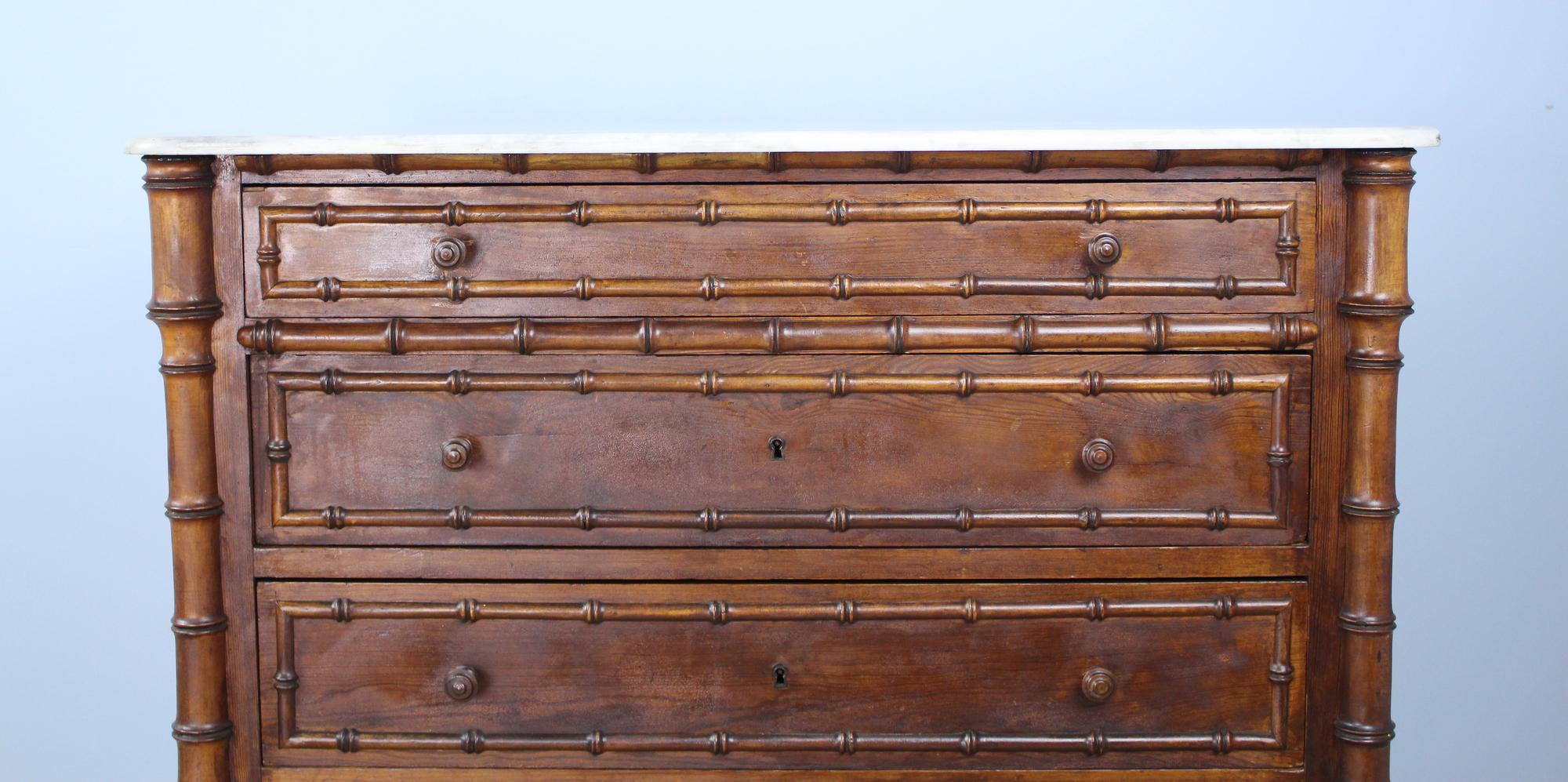 Antique English Faux Bamboo Chest of Drawers, Original Marble Top In Good Condition In Port Chester, NY