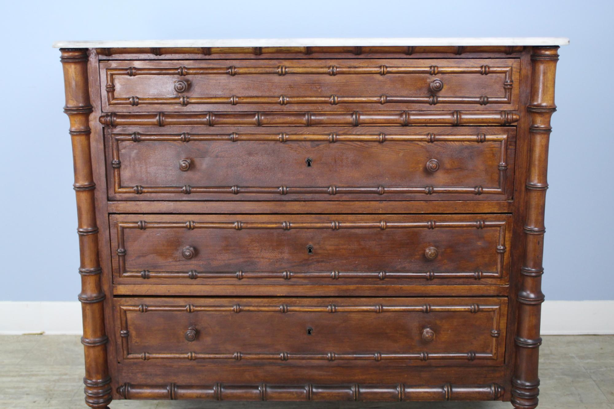 19th Century Antique English Faux Bamboo Chest of Drawers, Original Marble Top