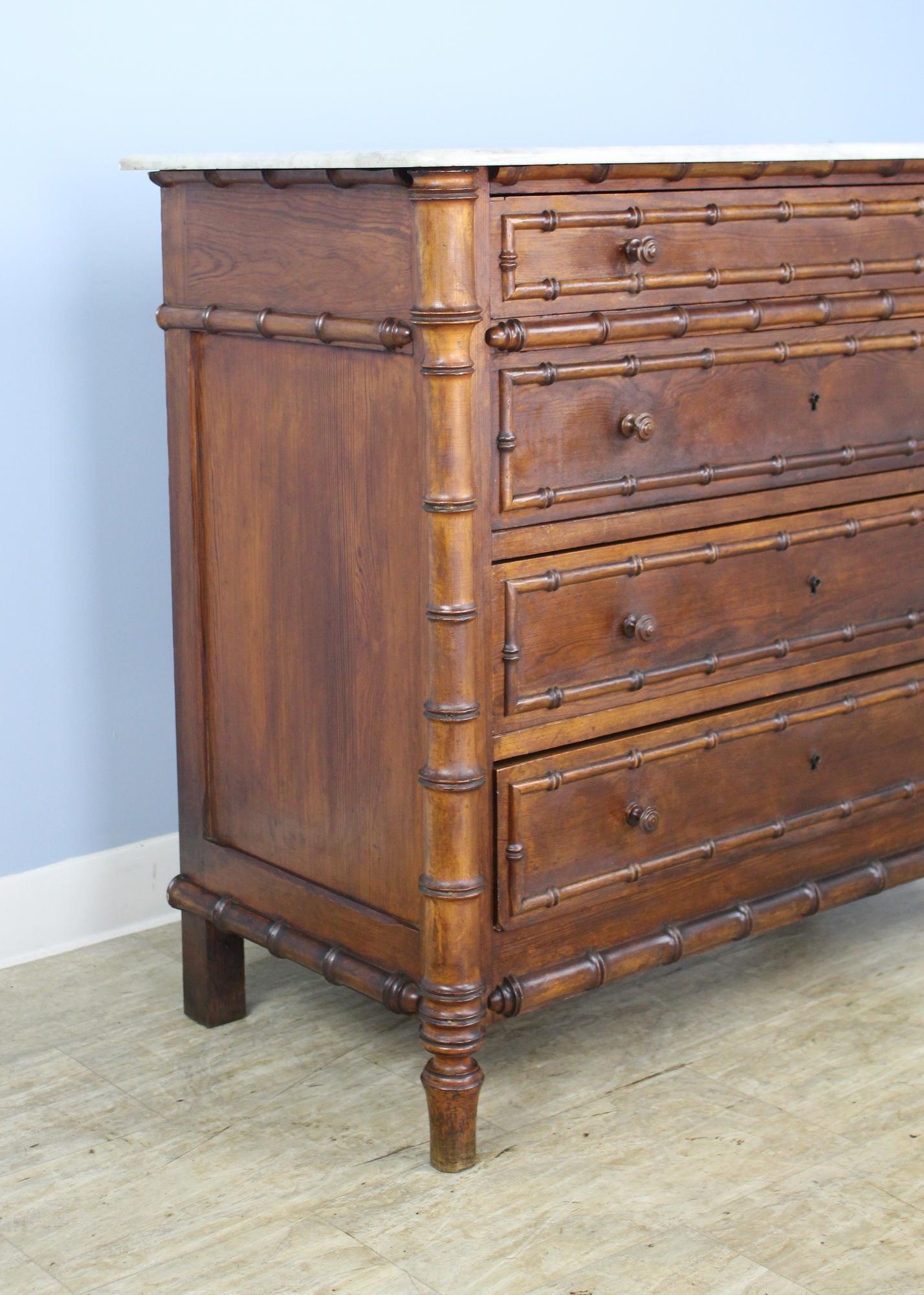 Antique English Faux Bamboo Chest of Drawers, Original Marble Top 2