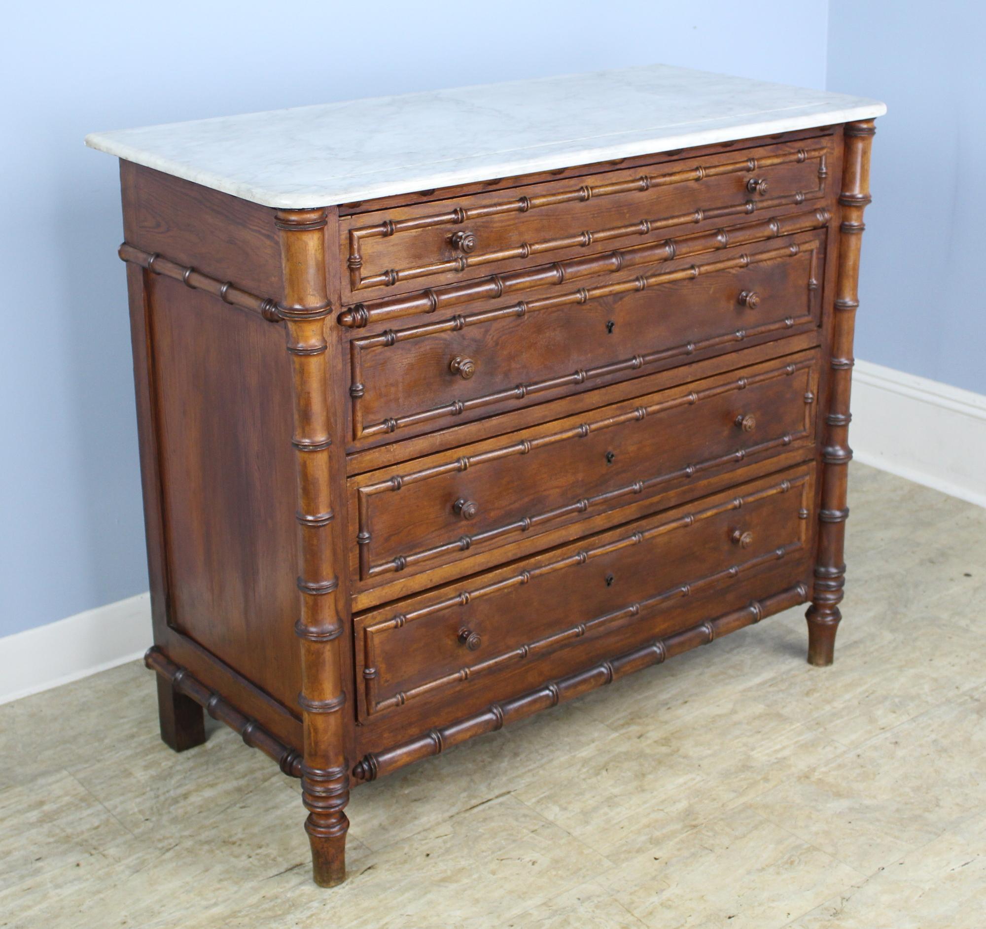 Antique English Faux Bamboo Chest of Drawers, Original Marble Top 3