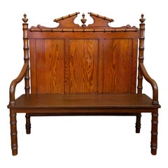 Antique English Faux Bamboo Pine Hall Bench Victorian High Back Settle c1890