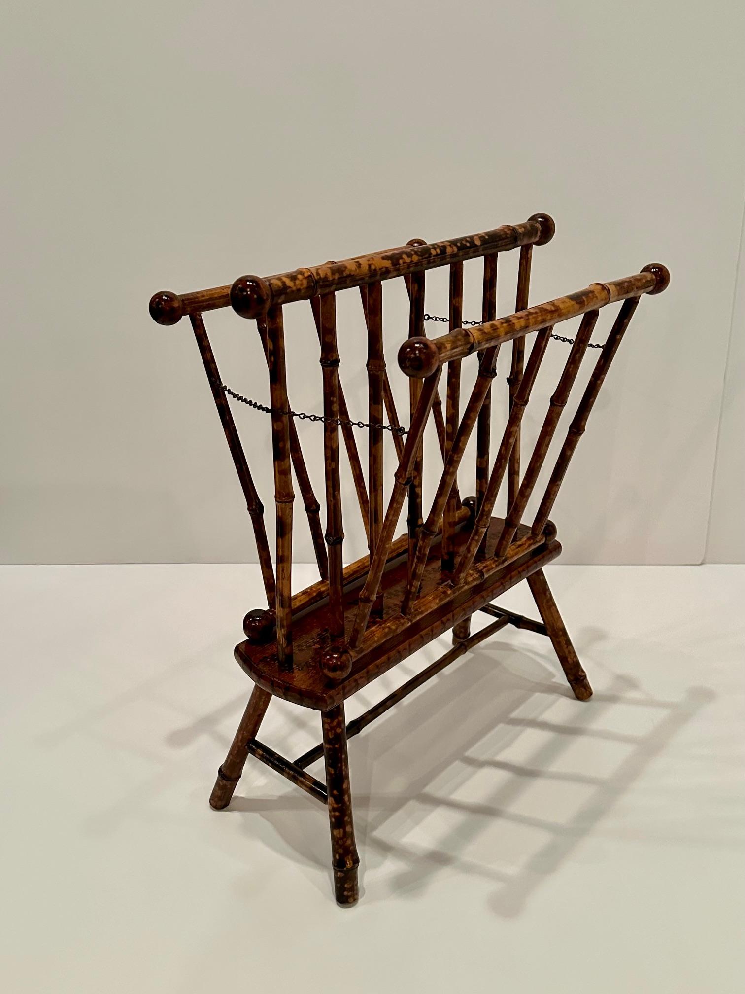 Brass Antique English Faux Tortoiseshell & Bamboo Magazine Rack
