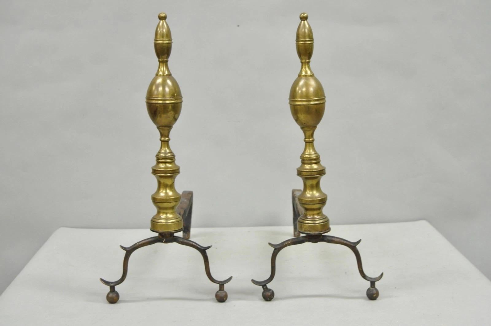 Antiguo Federal Inglés de latón rama de hierro fundido Chimenea Andirons - un par en venta 6