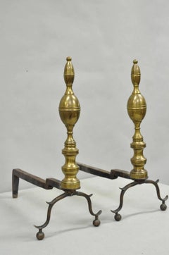 Antique English Federal Brass Branch Leg Cast Iron Fireplace Andirons - a Pair