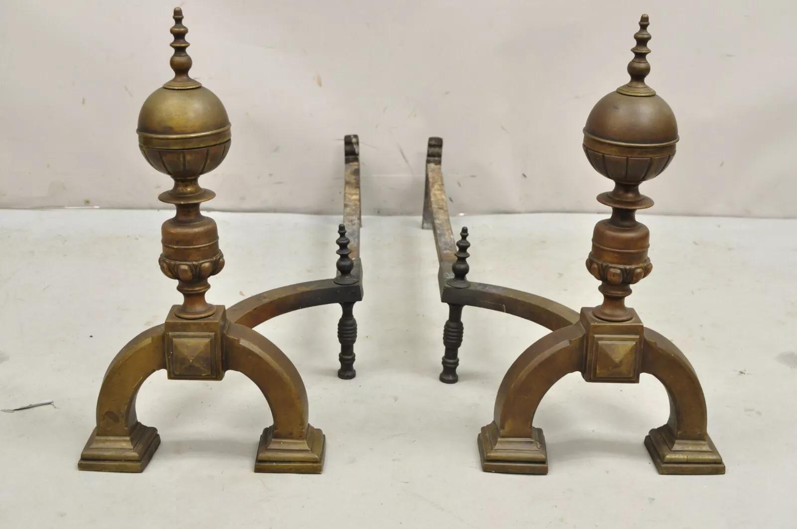 Antique English Federal Brass Cannonball Fireplace Andirons With Patina - Pair For Sale 5