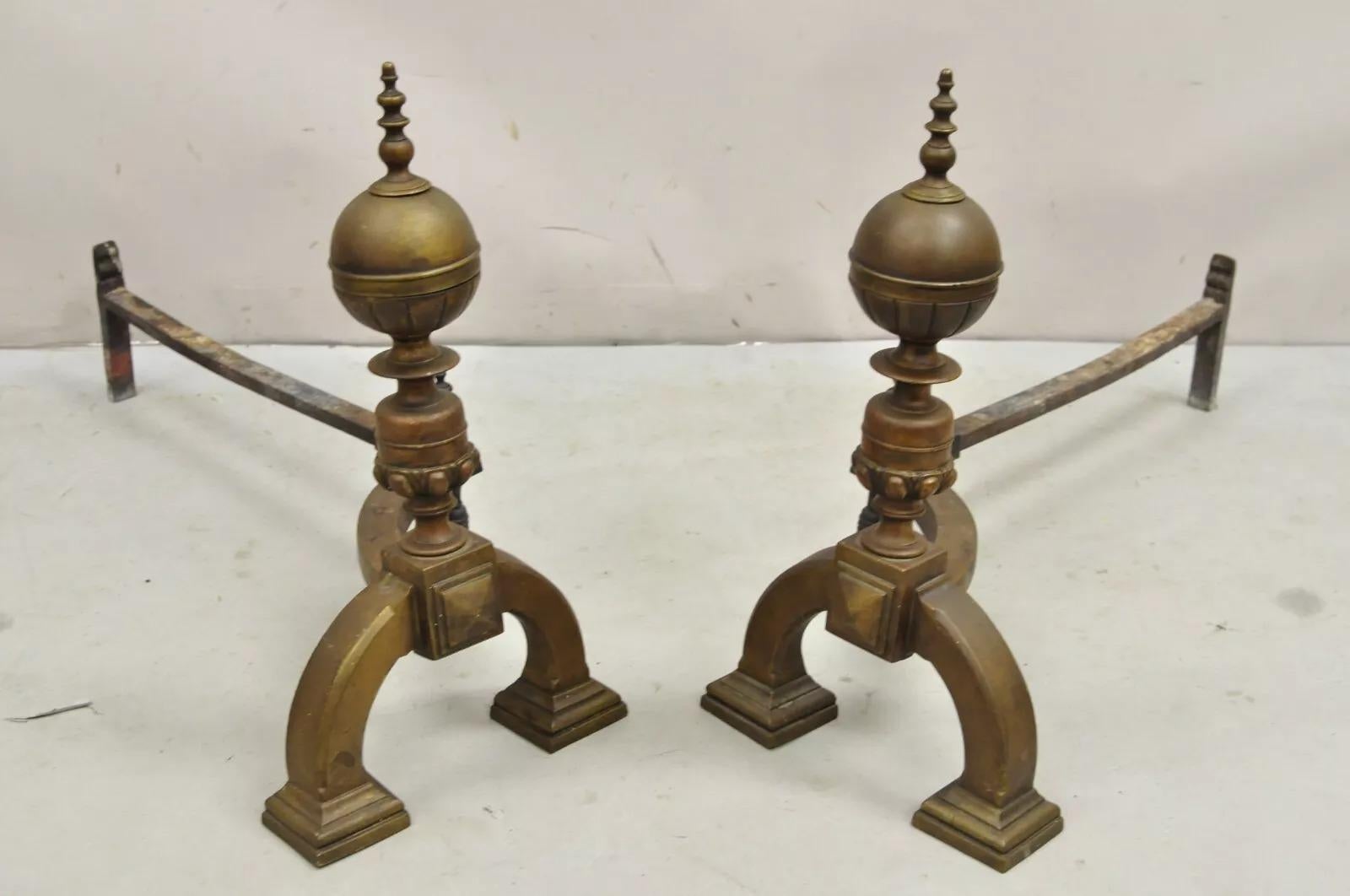 Antique English Federal Brass Cannonball Fireplace Andirons With Patina - a Pair. Circa Late 19th Century. Measurements: 20