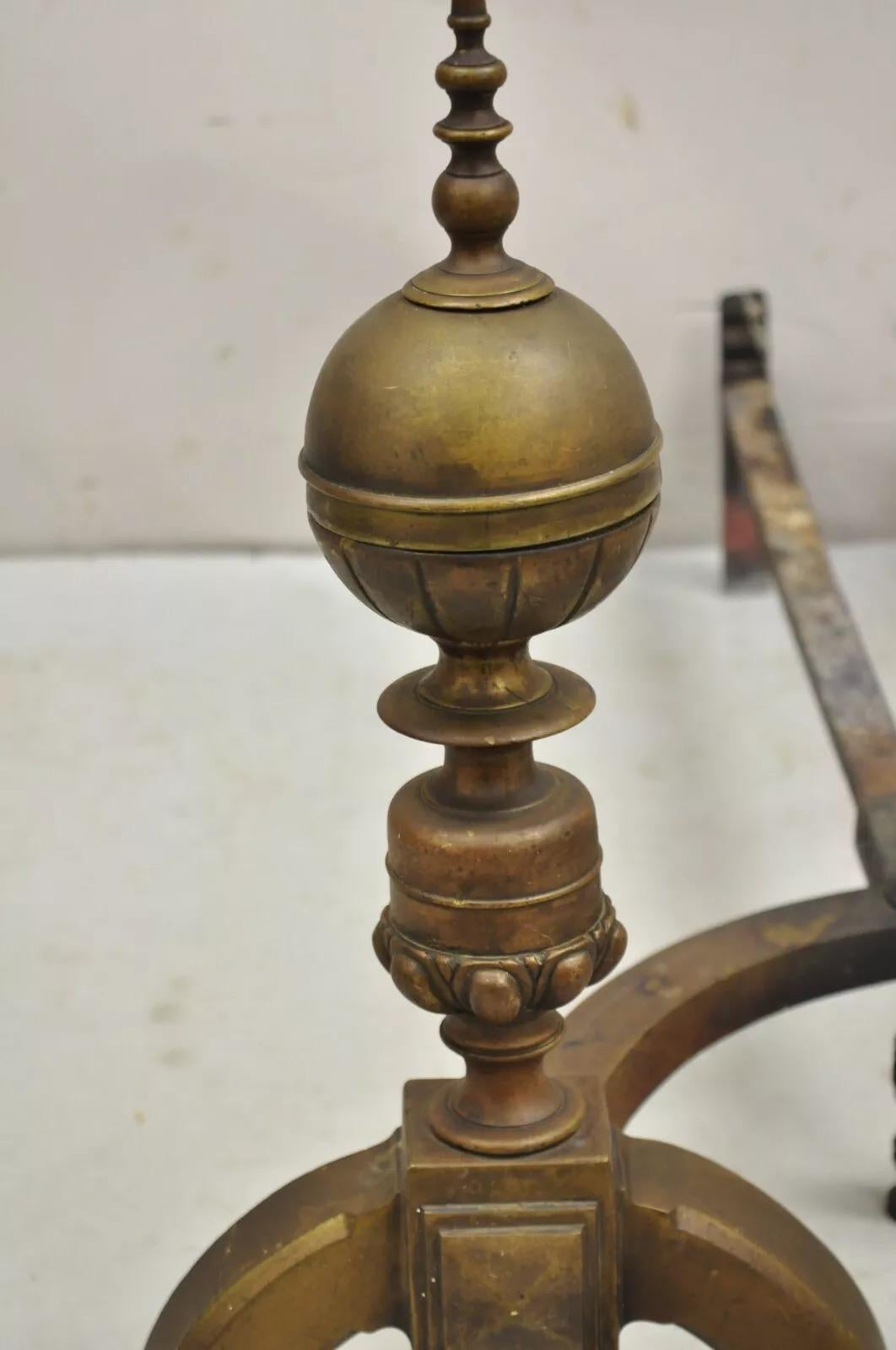 19th Century Antique English Federal Brass Cannonball Fireplace Andirons With Patina - Pair For Sale