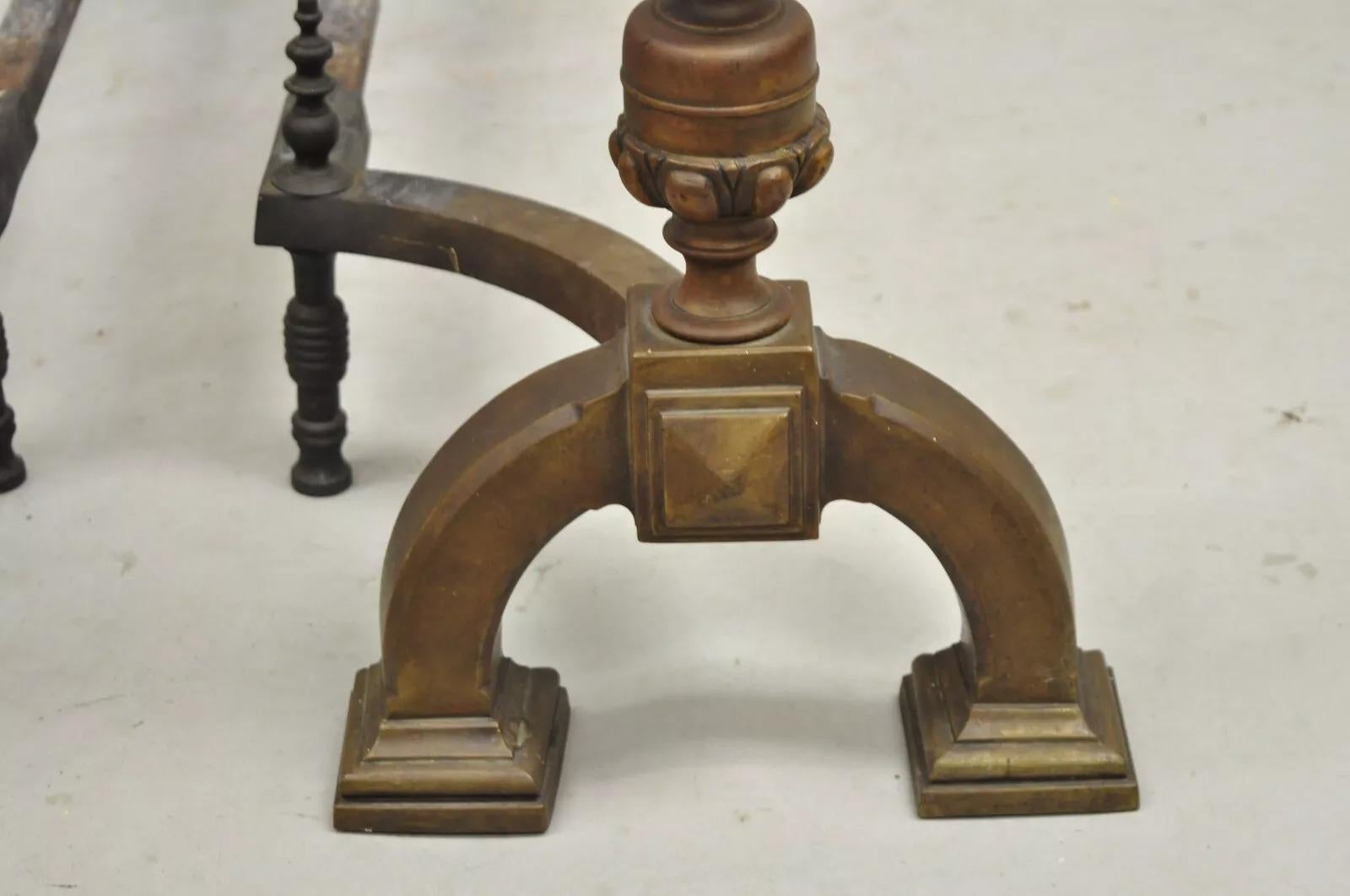 Antique English Federal Brass Cannonball Fireplace Andirons With Patina - Pair For Sale 1