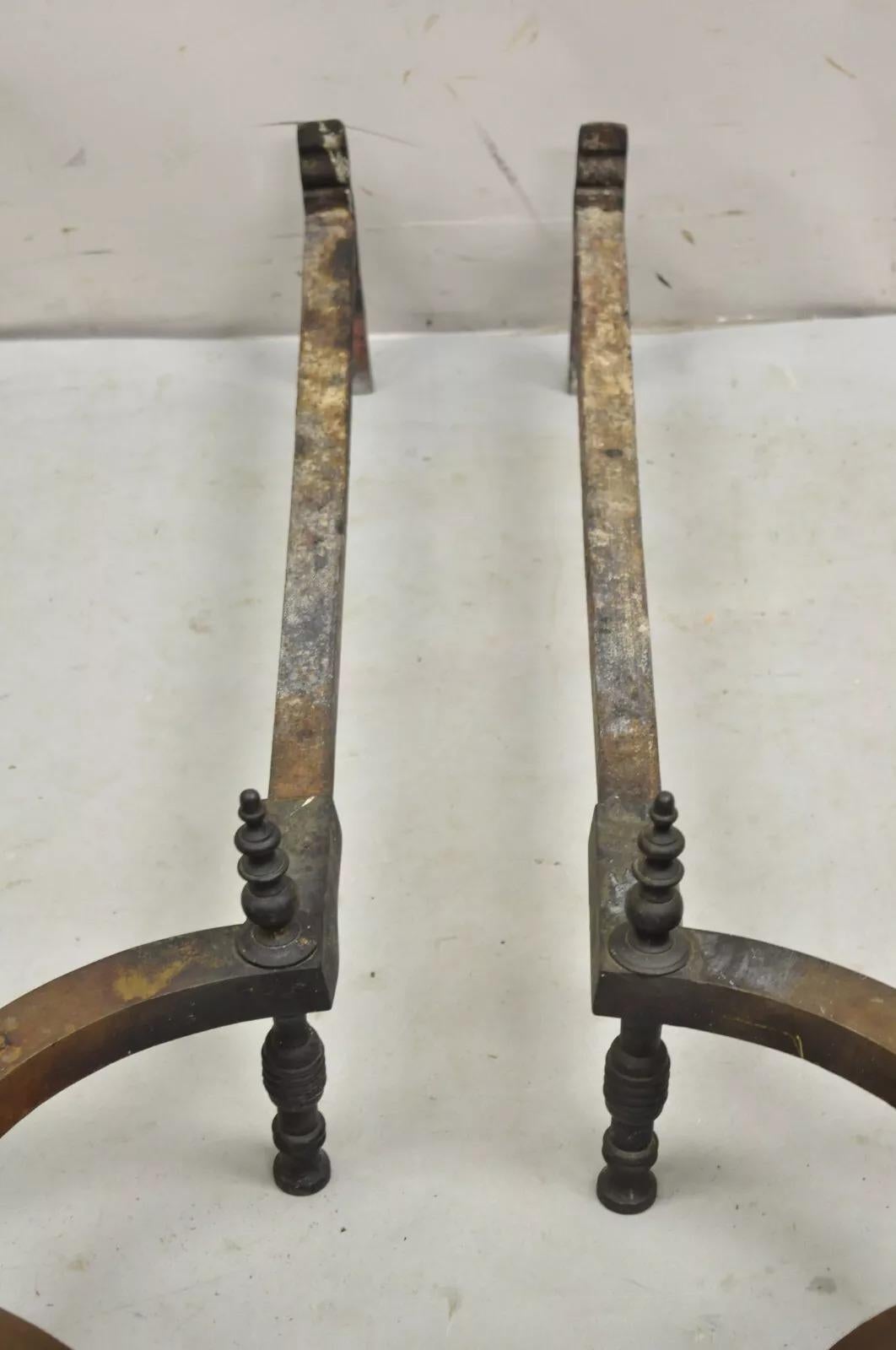 Antique English Federal Brass Cannonball Fireplace Andirons With Patina - Pair For Sale 3
