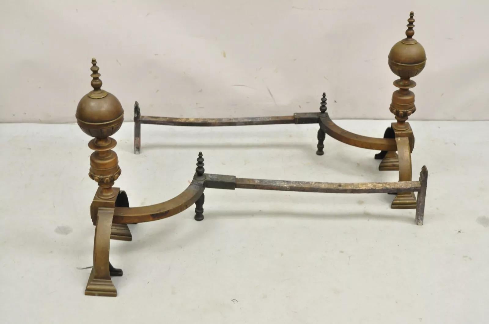 Antique English Federal Brass Cannonball Fireplace Andirons With Patina - Pair For Sale 4